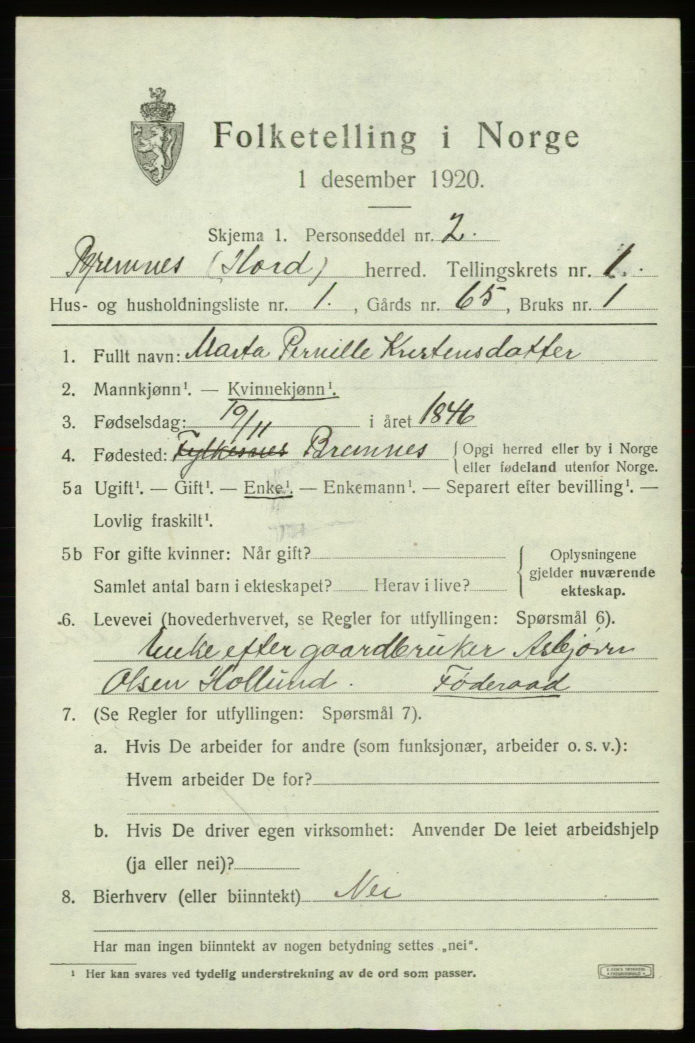 SAB, 1920 census for Bremnes, 1920, p. 1094