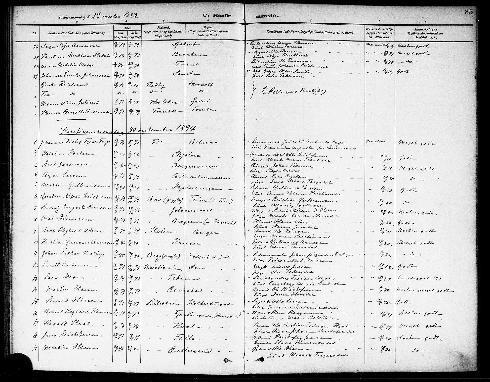 Fet prestekontor Kirkebøker, SAO/A-10370a/F/Fa/L0015: Parish register (official) no. I 15, 1892-1904, p. 85