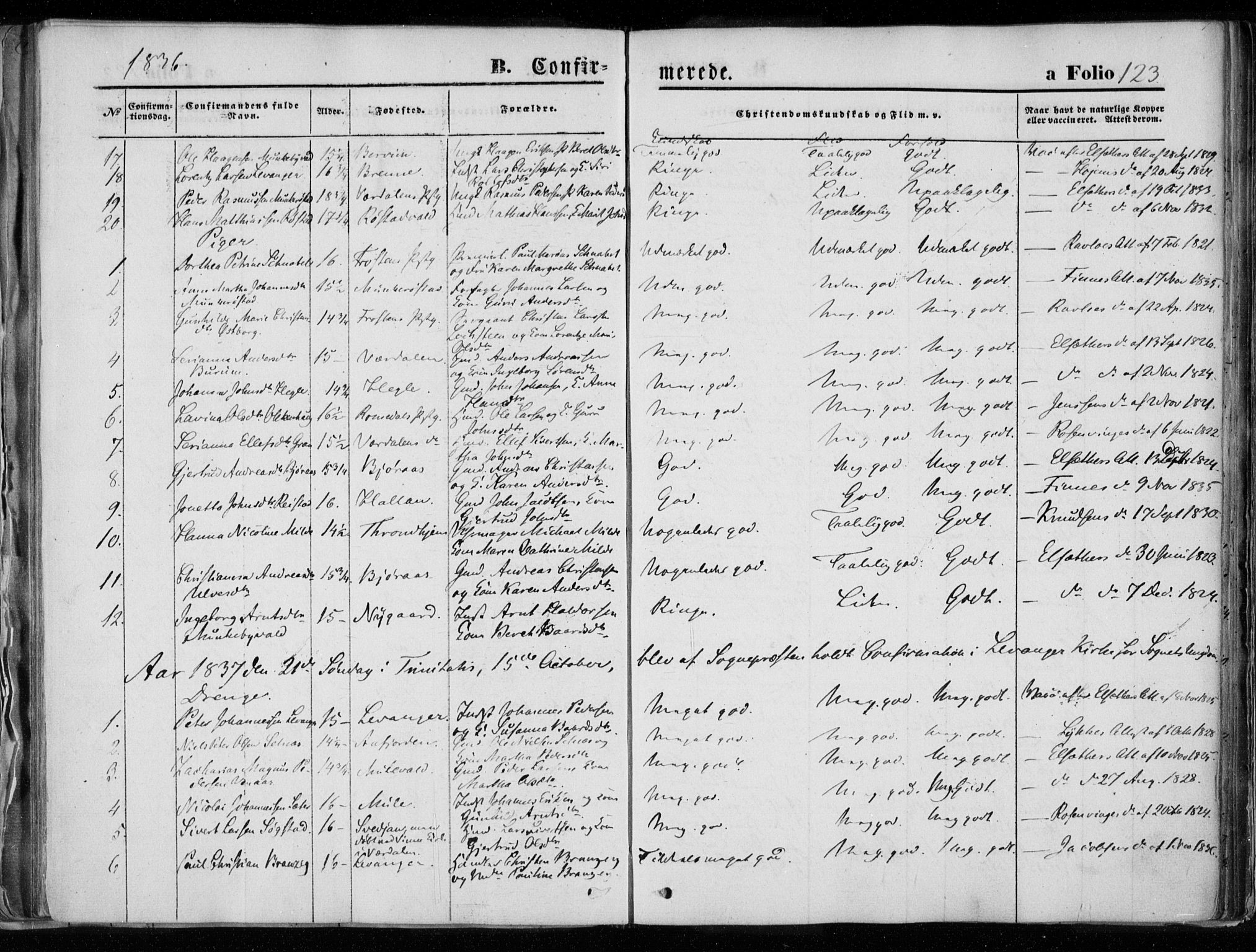 Ministerialprotokoller, klokkerbøker og fødselsregistre - Nord-Trøndelag, AV/SAT-A-1458/720/L0183: Parish register (official) no. 720A01, 1836-1855, p. 123