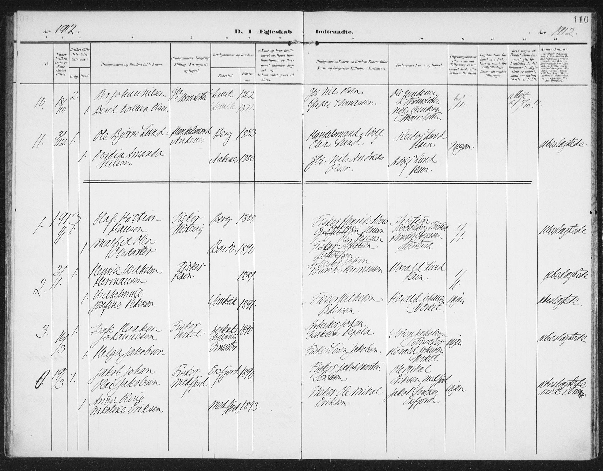 Berg sokneprestkontor, AV/SATØ-S-1318/G/Ga/Gaa/L0007kirke: Parish register (official) no. 7, 1906-1915, p. 110