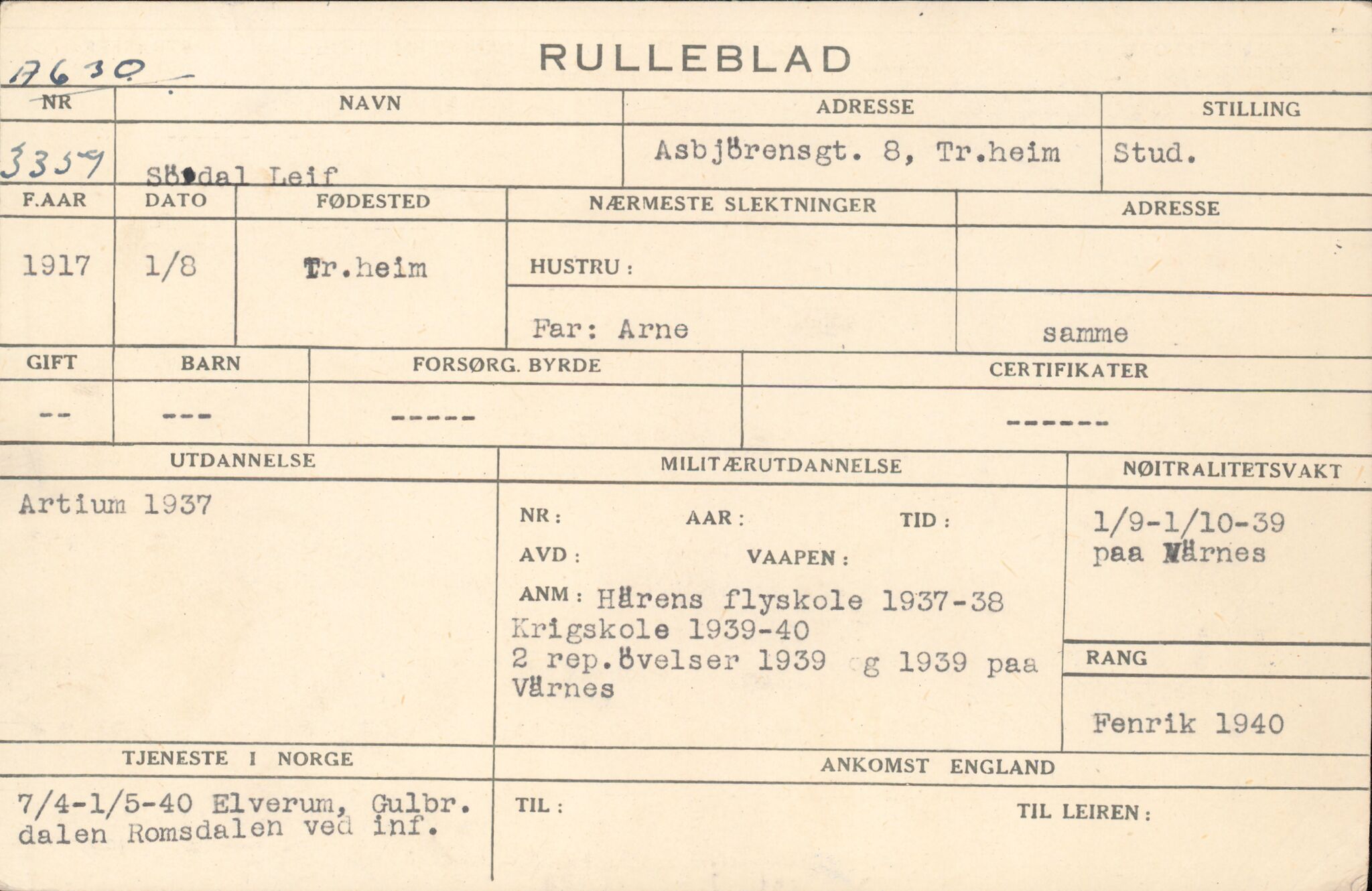 Forsvaret, Forsvarets overkommando/Luftforsvarsstaben, AV/RA-RAFA-4079/P/Pa/L0052: Personellpapirer, 1917, p. 200