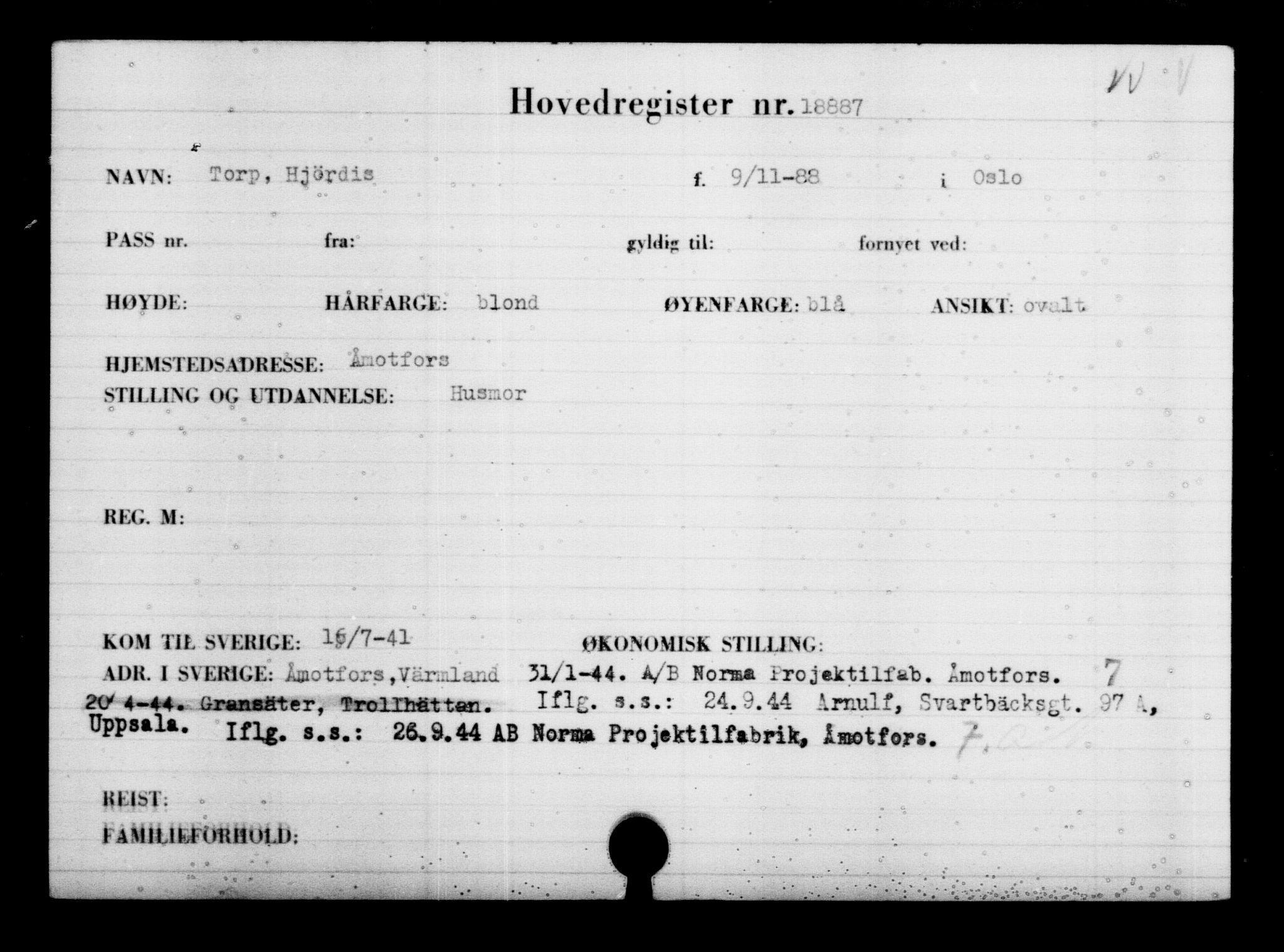 Utenriksstasjonene, Legasjonen i Stockholm, Flyktningkontoret, AV/RA-S-6753/V/Va/L0009: Kjesäterkartoteket, flyktninger med registreringsnr. 18502-22048, 1940-1945, p. 456