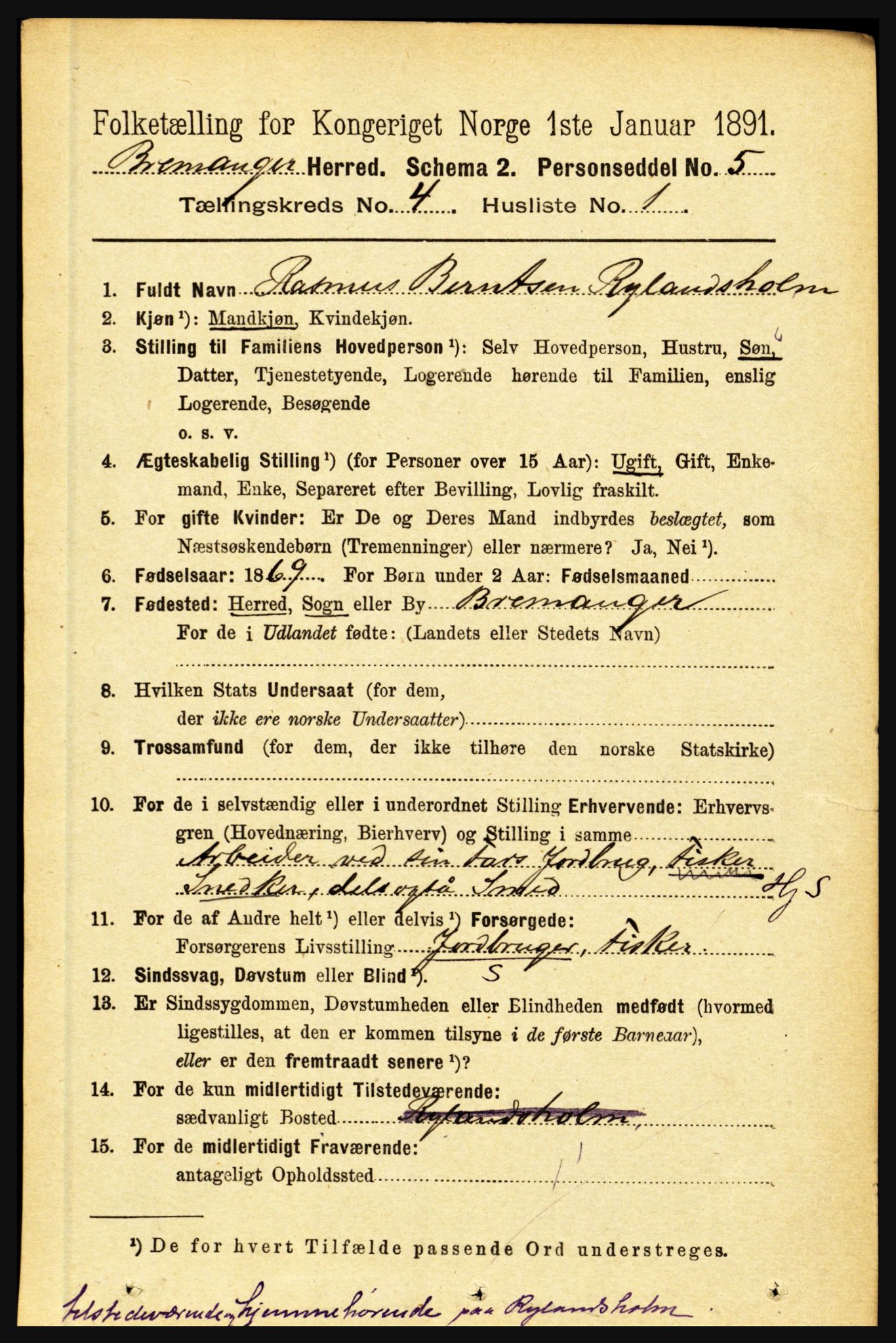 RA, 1891 census for 1438 Bremanger, 1891, p. 1516