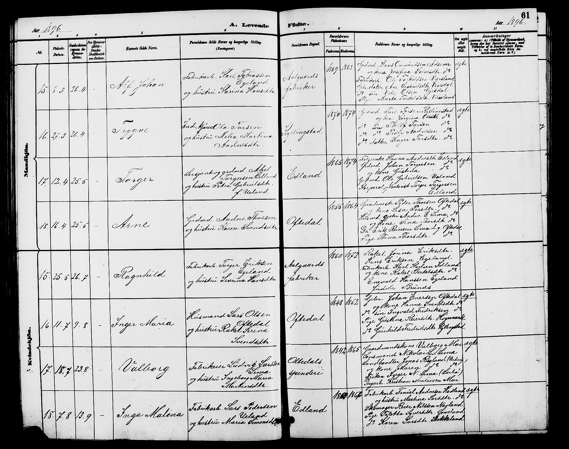 Lye sokneprestkontor, AV/SAST-A-101794/001/30BB/L0008: Parish register (copy) no. B 7, 1887-1901, p. 61