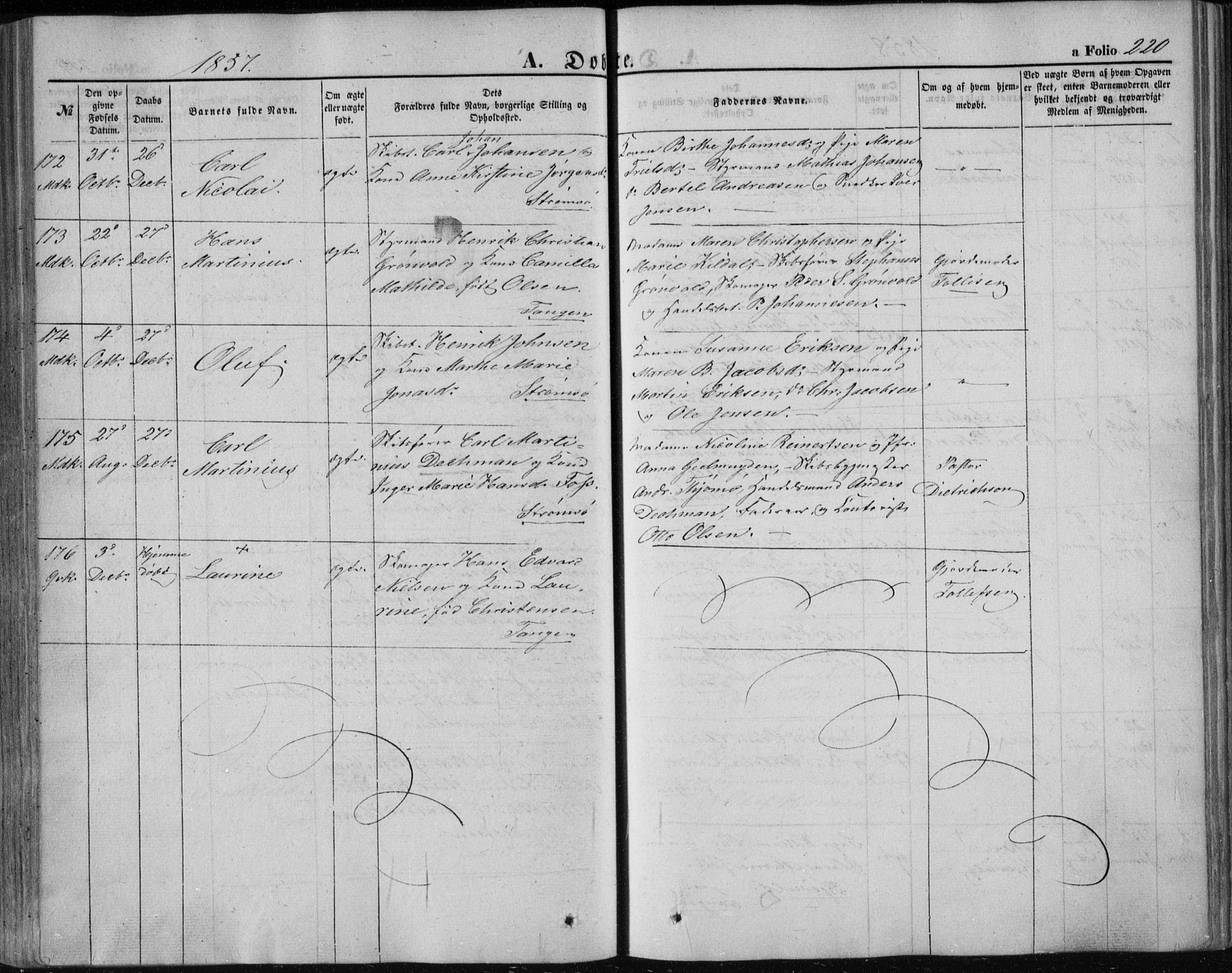 Strømsø kirkebøker, AV/SAKO-A-246/F/Fa/L0014: Parish register (official) no. I 14, 1848-1858, p. 220