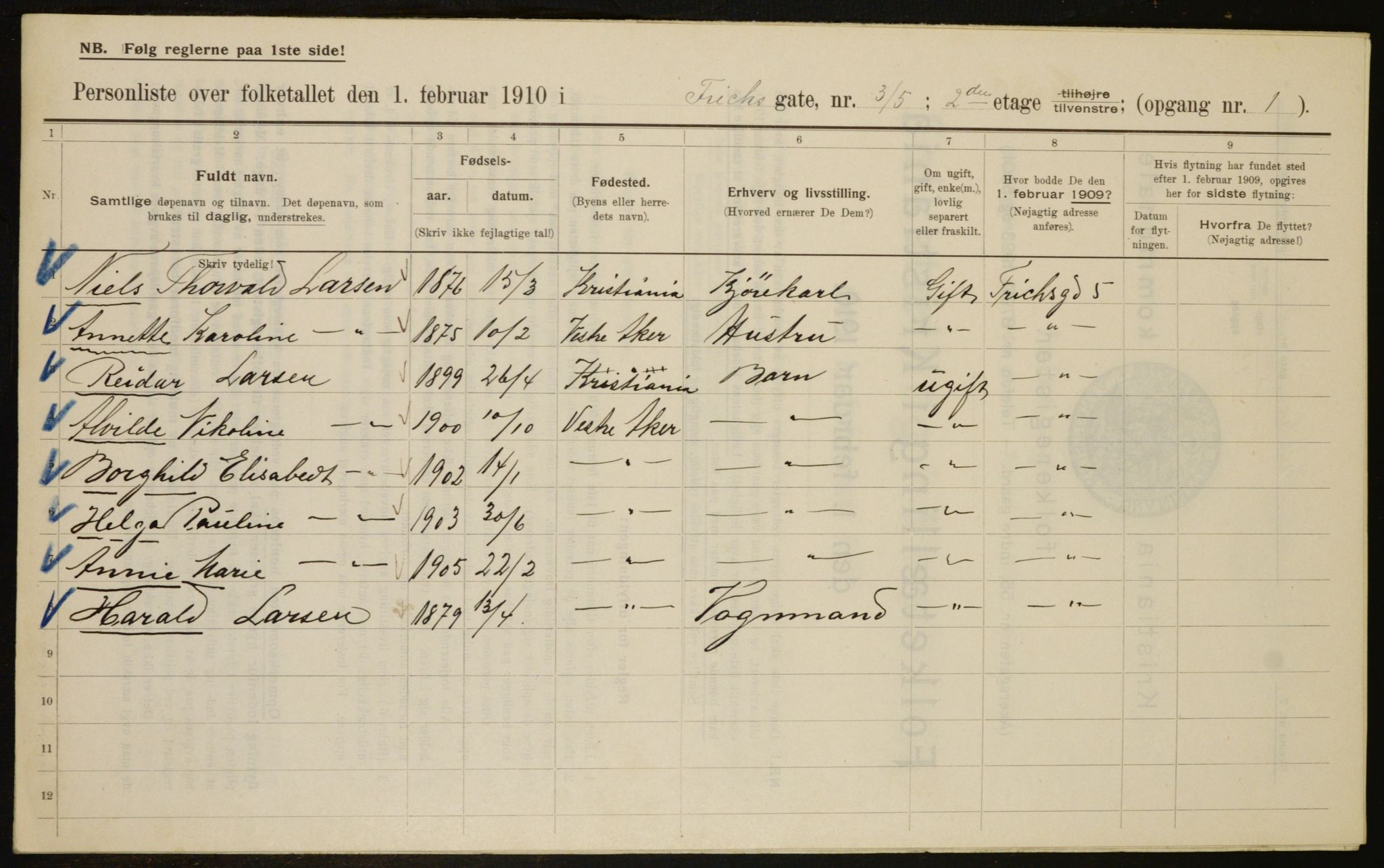 OBA, Municipal Census 1910 for Kristiania, 1910, p. 25109