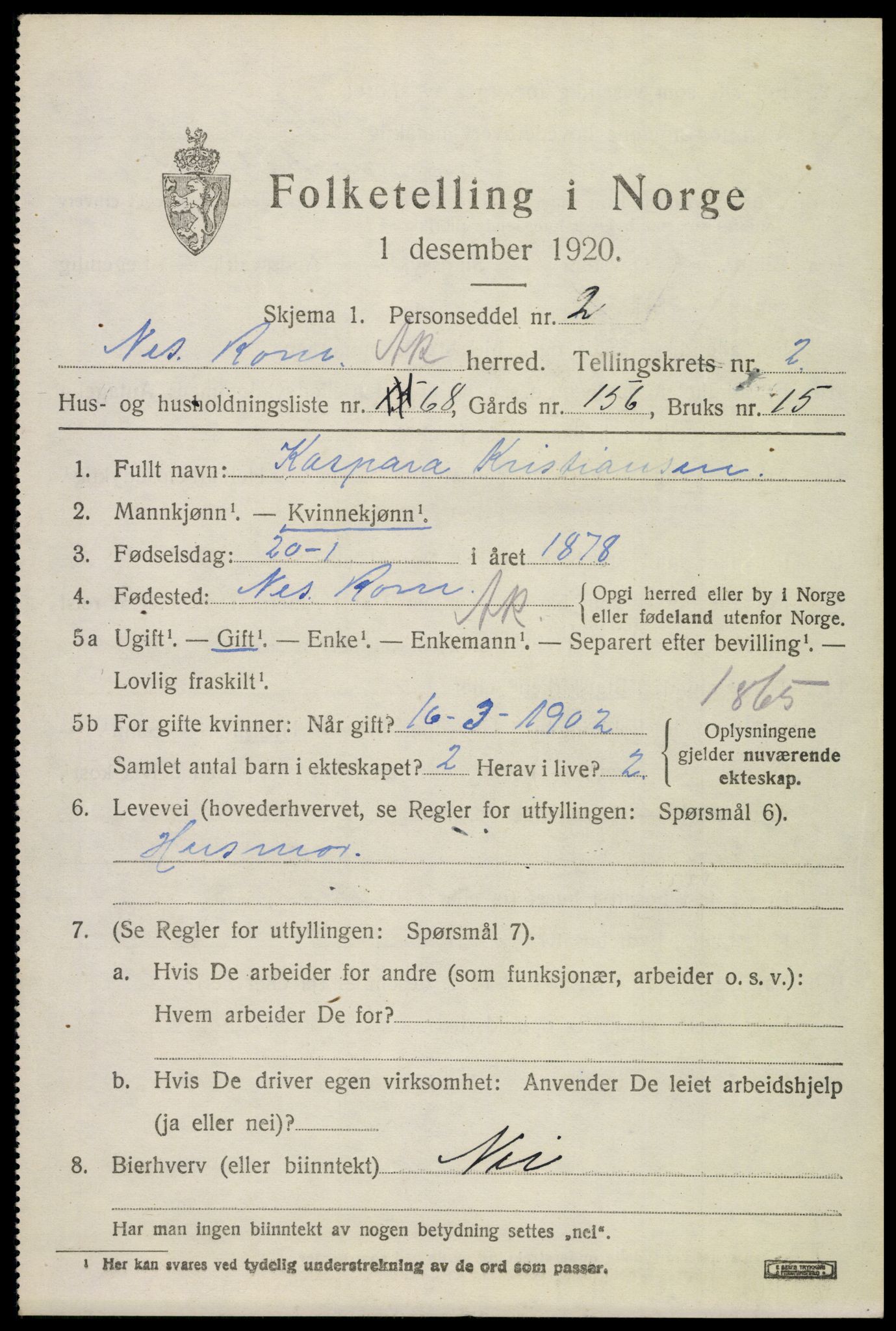 SAO, 1920 census for Nes, 1920, p. 5780