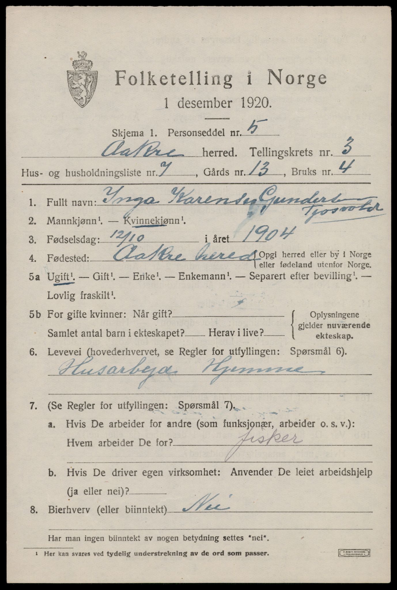 SAST, 1920 census for Åkra, 1920, p. 4384