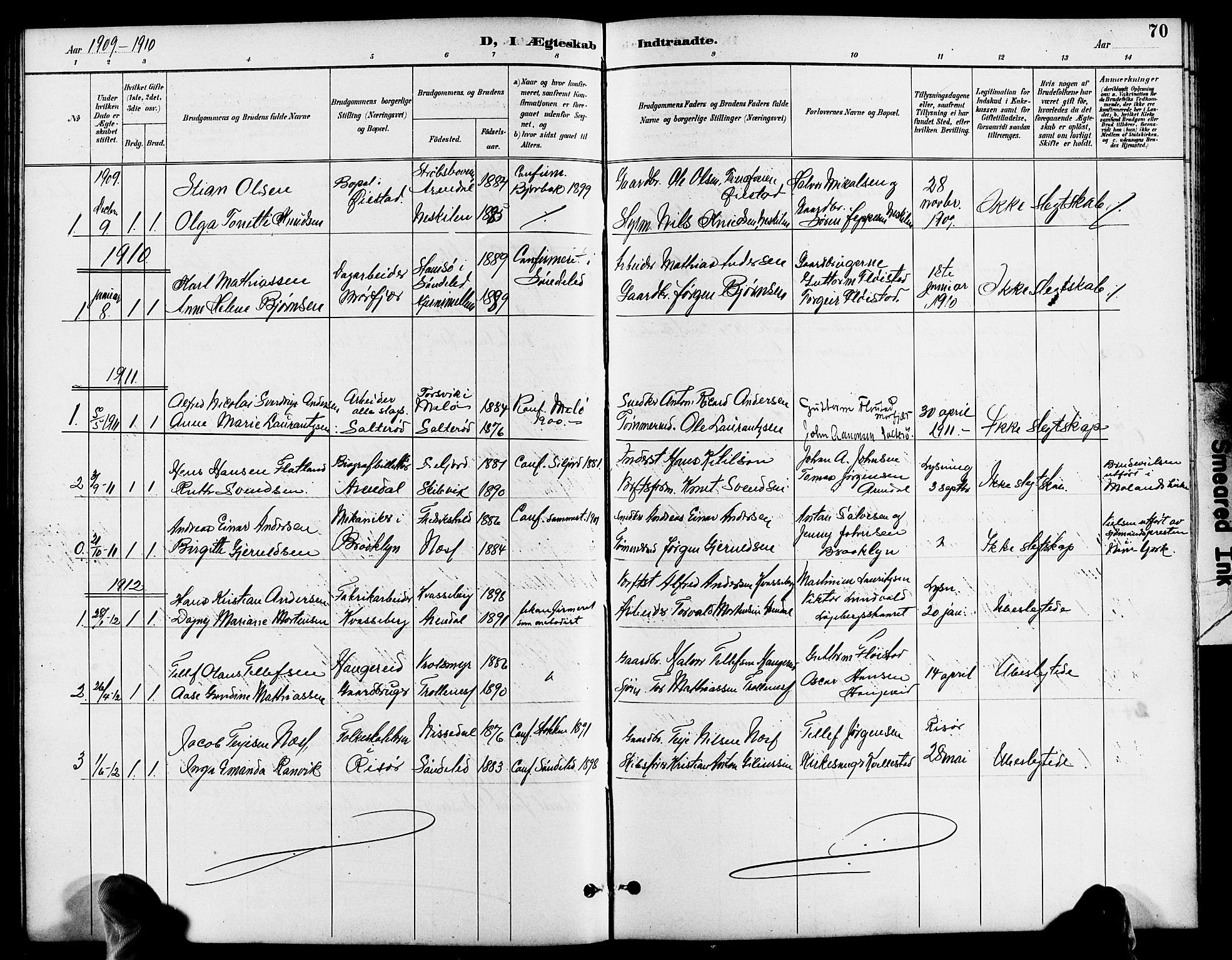 Austre Moland sokneprestkontor, SAK/1111-0001/F/Fb/Fbb/L0002: Parish register (copy) no. B 2, 1894-1918, p. 70