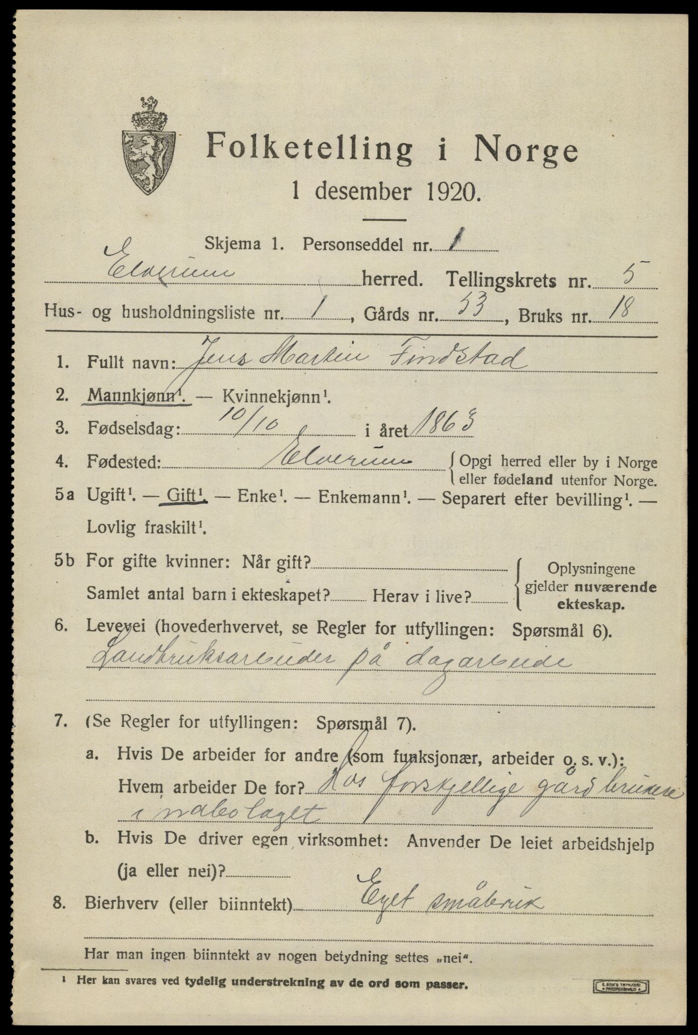 SAH, 1920 census for Elverum, 1920, p. 7486