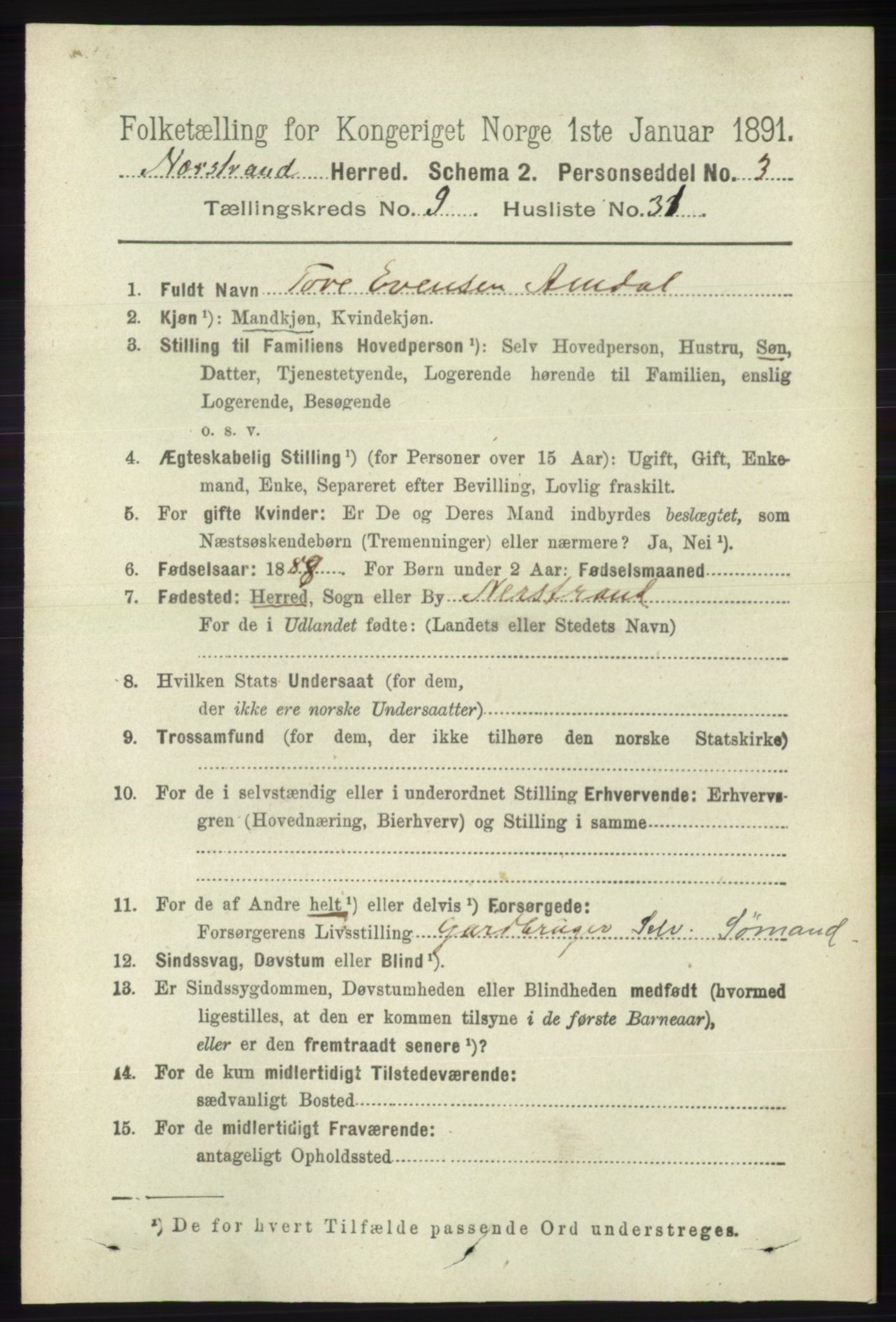 RA, 1891 census for 1139 Nedstrand, 1891, p. 1811