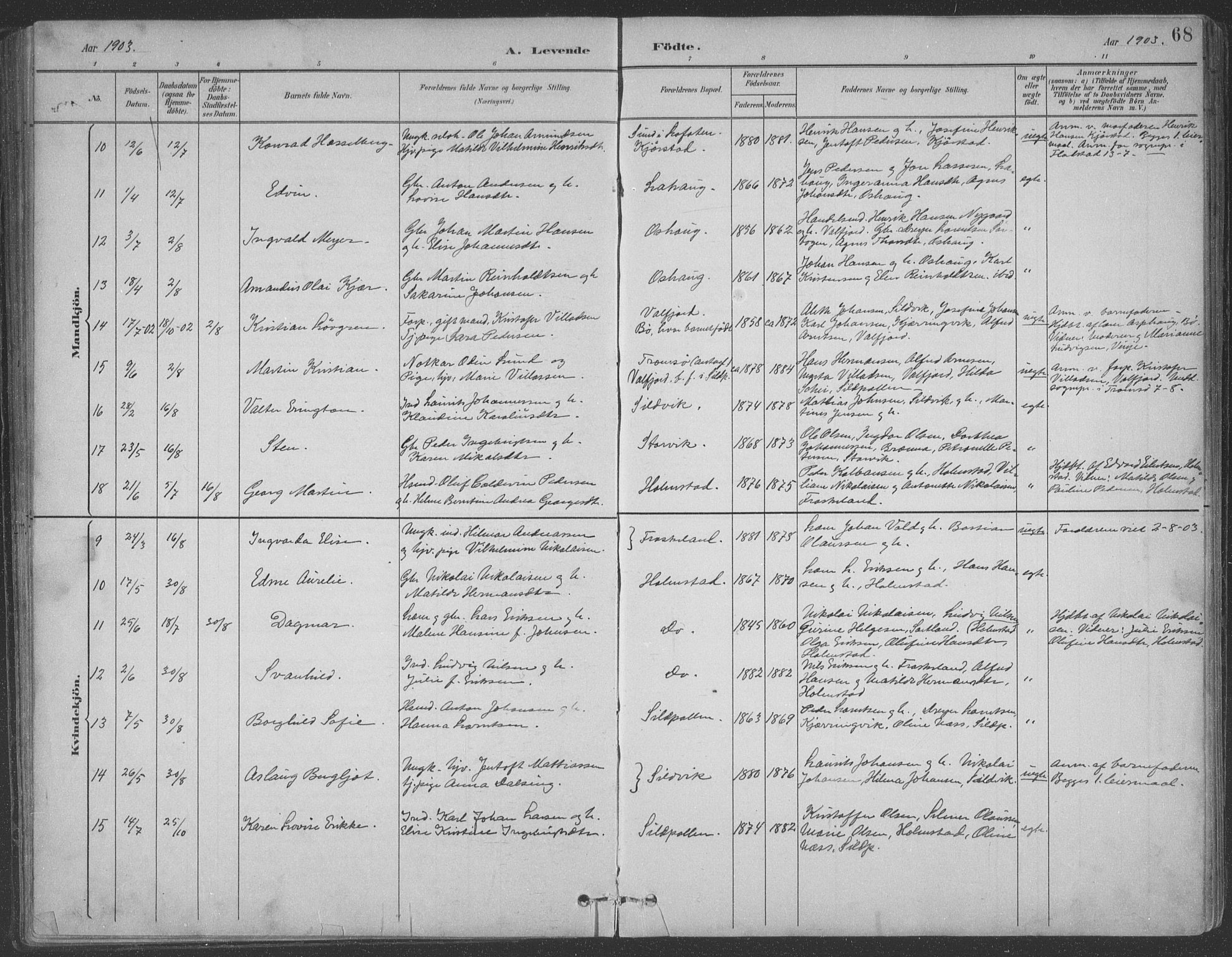 Ministerialprotokoller, klokkerbøker og fødselsregistre - Nordland, AV/SAT-A-1459/890/L1290: Parish register (copy) no. 890C01, 1882-1911, p. 68