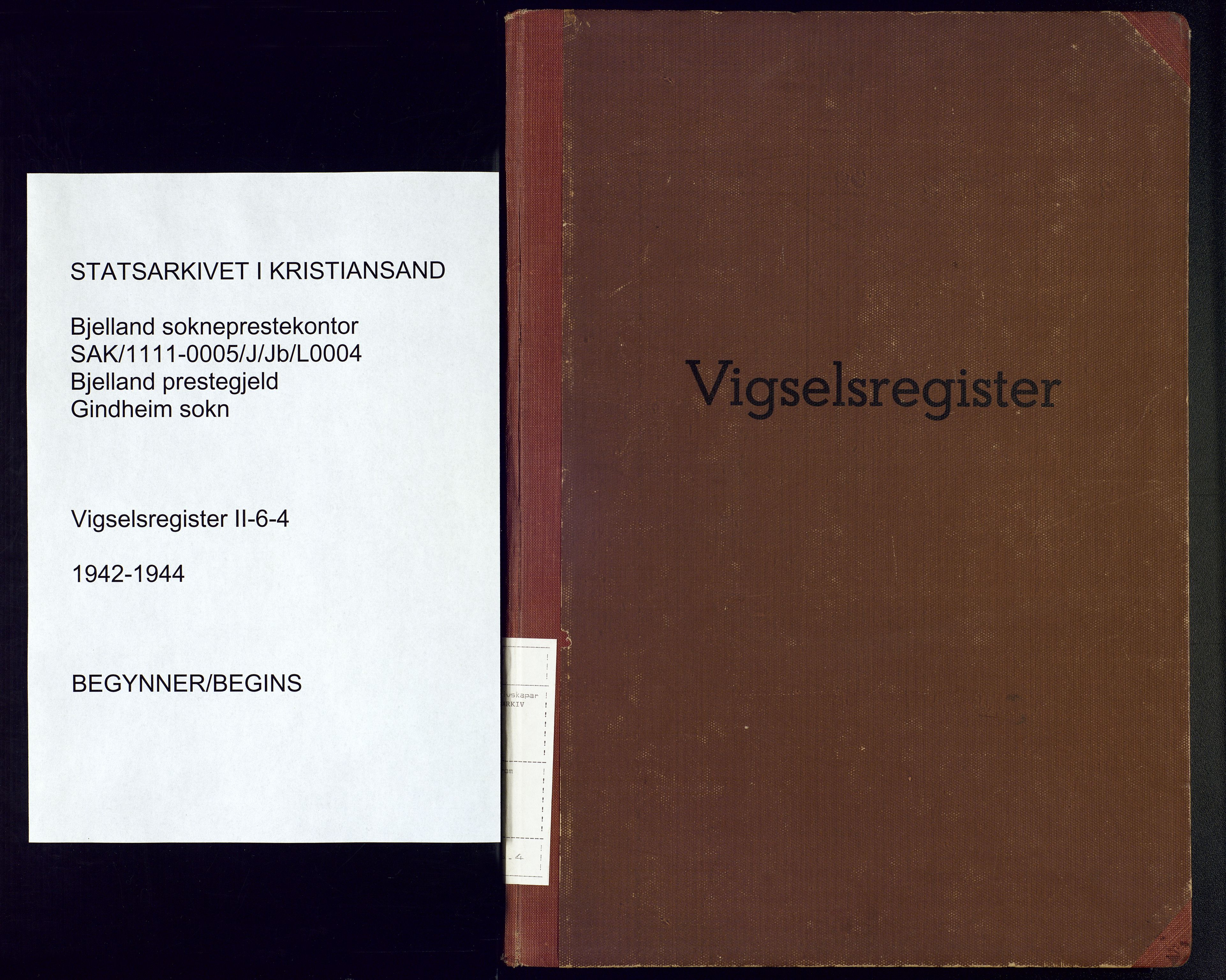 Bjelland sokneprestkontor, SAK/1111-0005/J/Jb/L0004: Marriage register no. II.6.4, 1942-1944