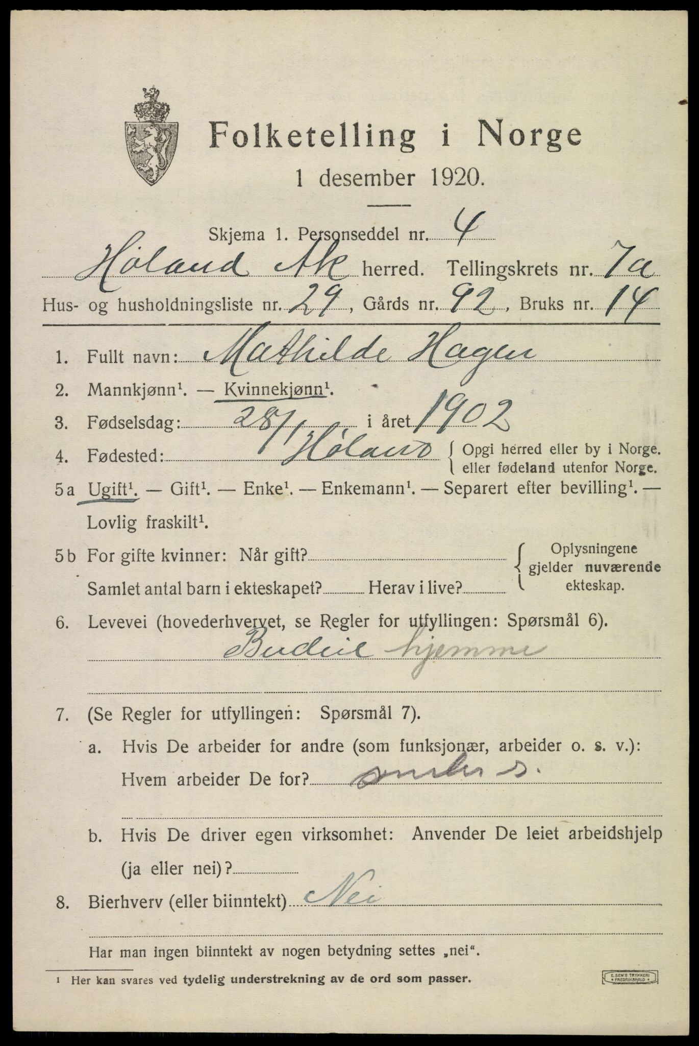 SAO, 1920 census for Høland, 1920, p. 9479