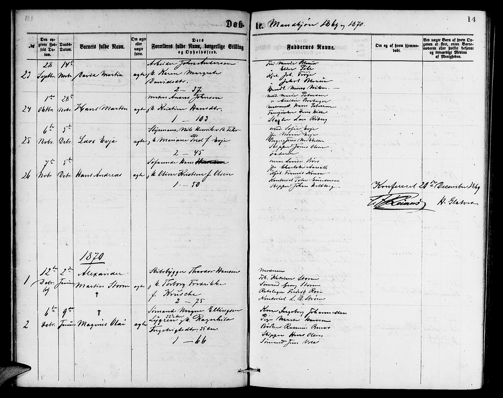 Sandviken Sokneprestembete, SAB/A-77601/H/Hb: Parish register (copy) no. A 1, 1867-1879, p. 14