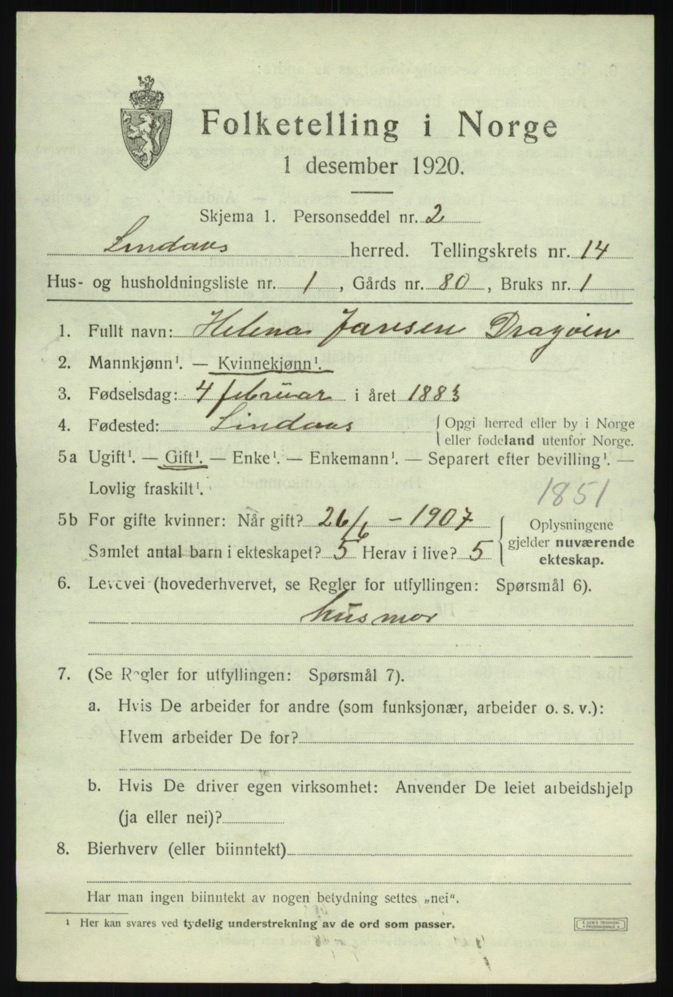 SAB, 1920 census for Lindås, 1920, p. 7217