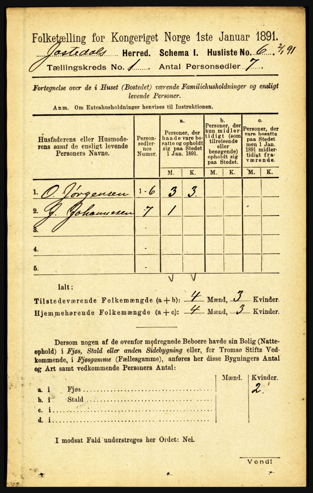 RA, 1891 census for 1427 Jostedal, 1891, p. 18