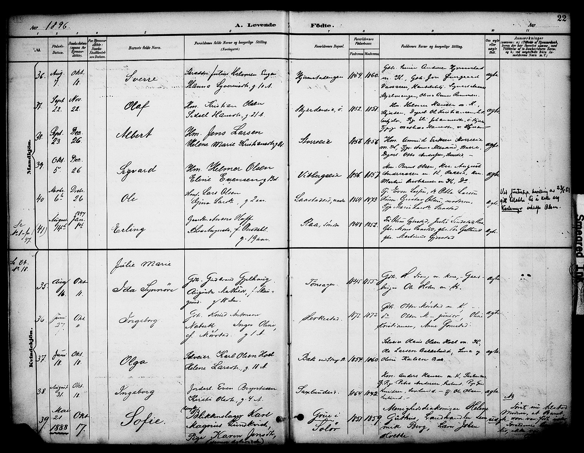 Stange prestekontor, AV/SAH-PREST-002/K/L0020: Parish register (official) no. 20, 1894-1905, p. 22