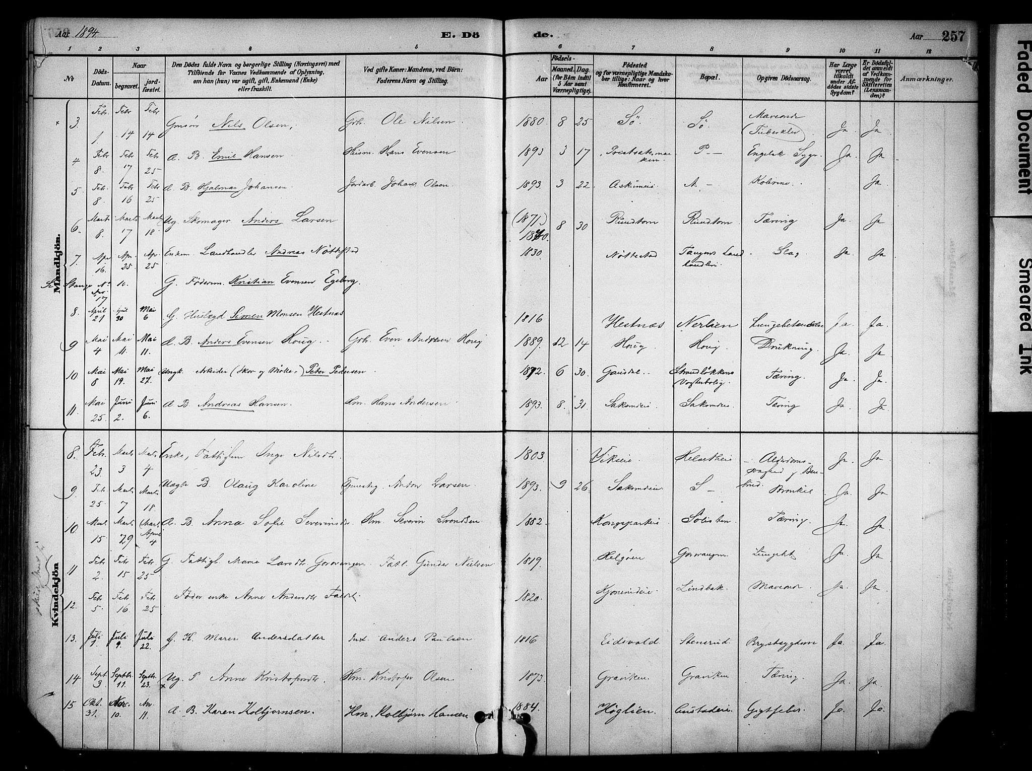 Stange prestekontor, AV/SAH-PREST-002/K/L0018: Parish register (official) no. 18, 1880-1896, p. 257