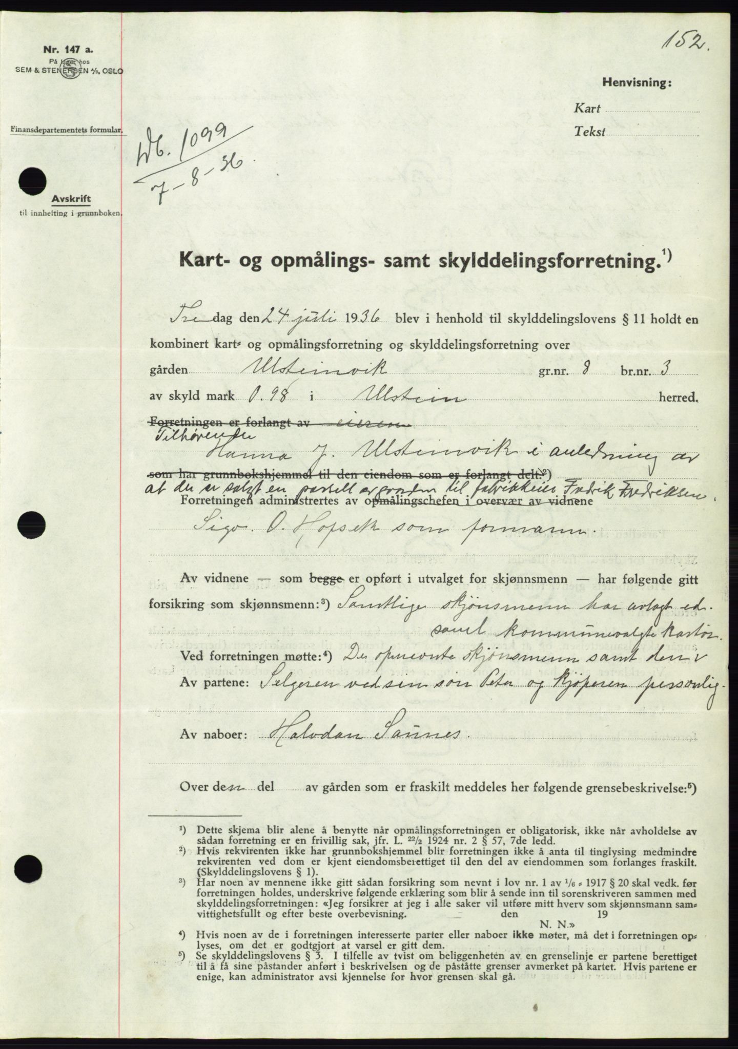 Søre Sunnmøre sorenskriveri, AV/SAT-A-4122/1/2/2C/L0061: Mortgage book no. 55, 1936-1936, Diary no: : 1099/1936