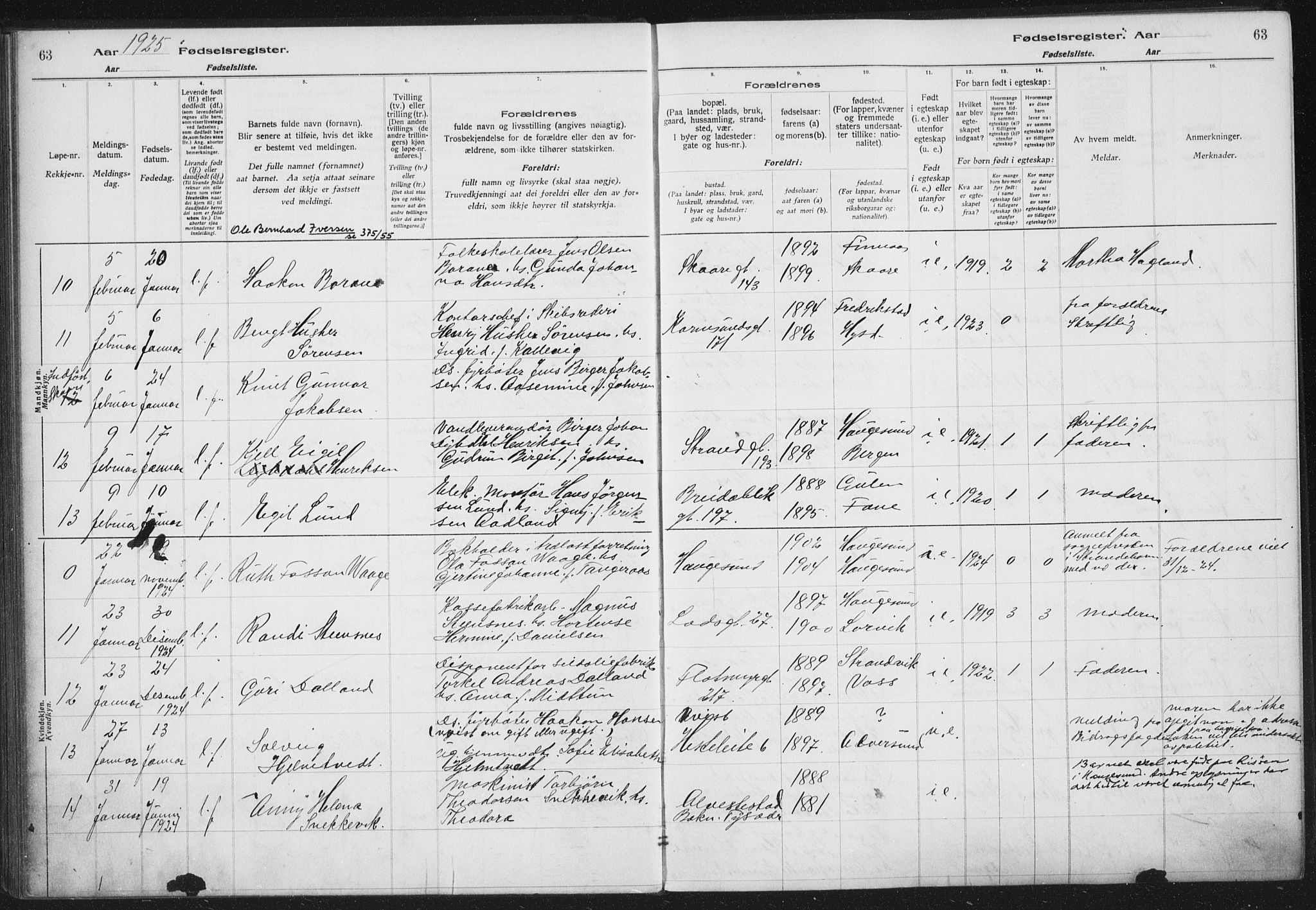 Haugesund sokneprestkontor, AV/SAST-A -101863/I/Id/L0005: Birth register no. 3, 1923-1929, p. 63