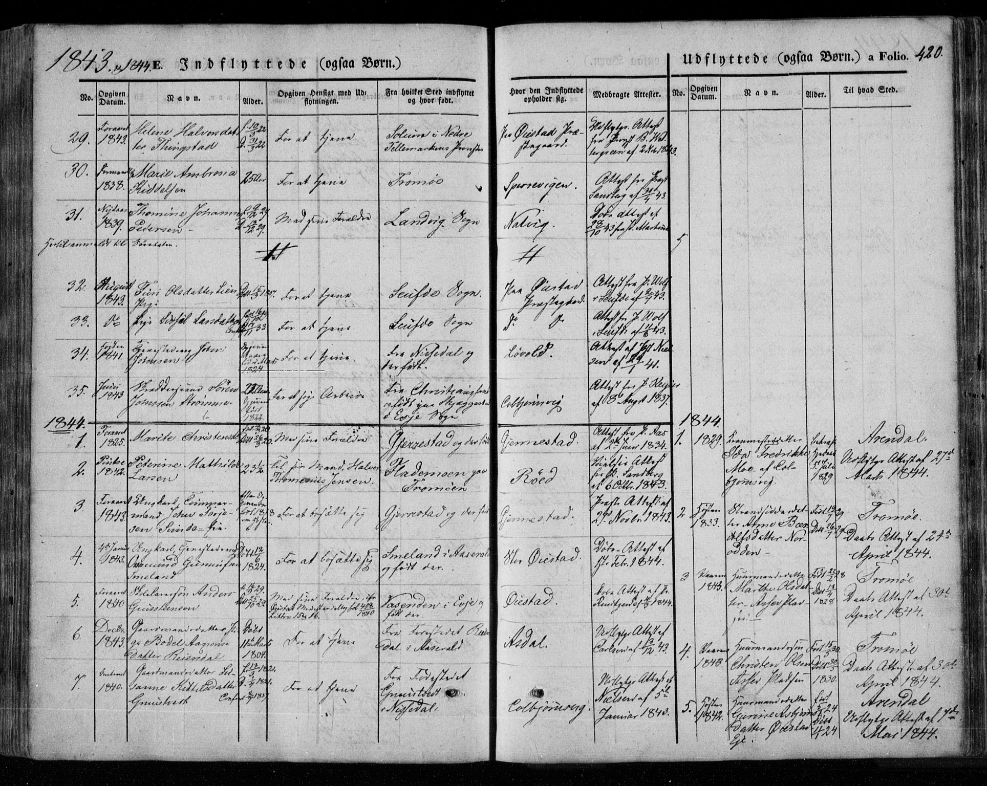 Øyestad sokneprestkontor, SAK/1111-0049/F/Fa/L0014: Parish register (official) no. A 14, 1843-1856, p. 420
