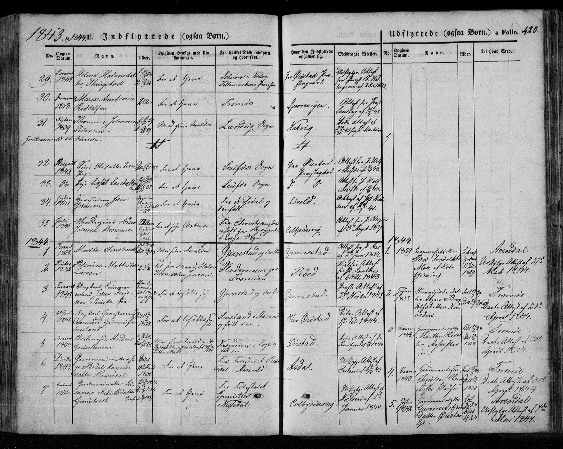 Øyestad sokneprestkontor, AV/SAK-1111-0049/F/Fa/L0014: Parish register (official) no. A 14, 1843-1856, p. 420