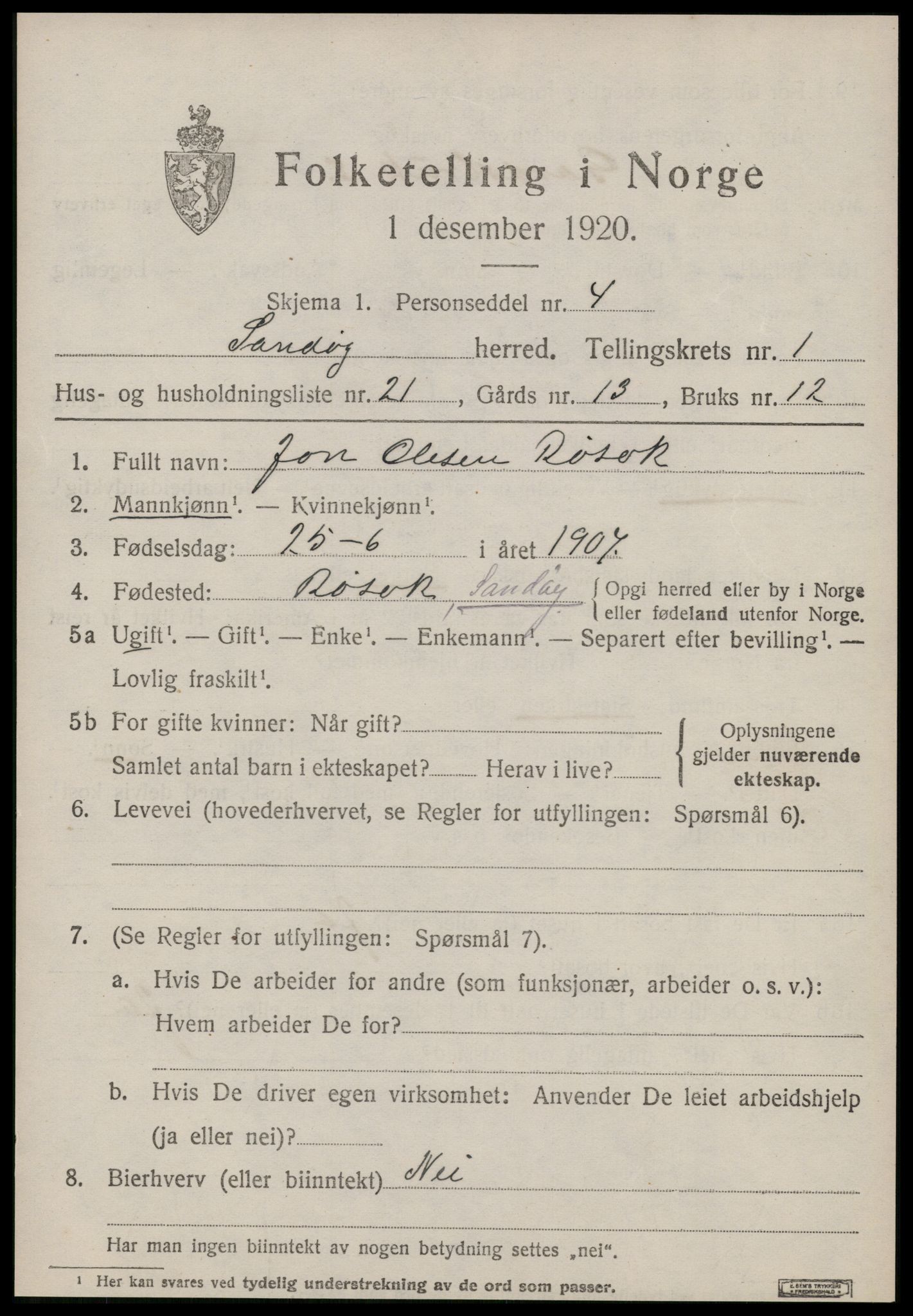 SAT, 1920 census for Sandøy, 1920, p. 628