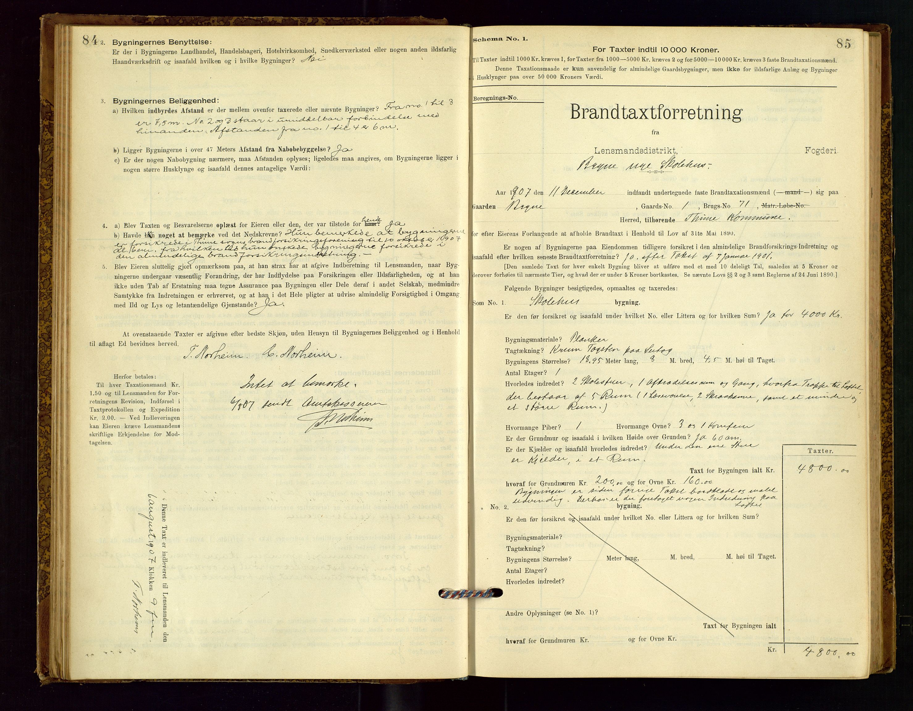 Time lensmannskontor, AV/SAST-A-100420/Gob/L0001: Branntakstprotokoll, 1896-1914, p. 84-85