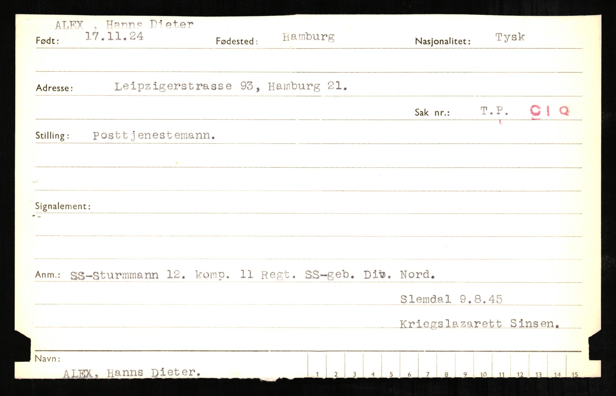 Forsvaret, Forsvarets overkommando II, RA/RAFA-3915/D/Db/L0001: CI Questionaires. Tyske okkupasjonsstyrker i Norge. Tyskere., 1945-1946, p. 156