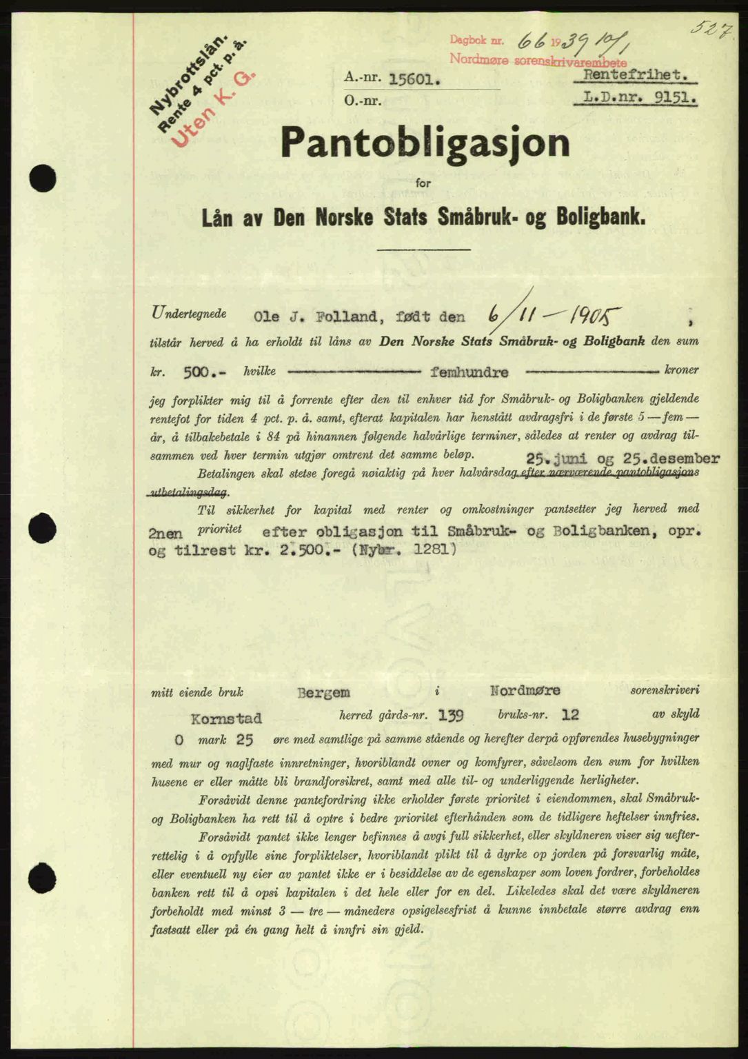 Nordmøre sorenskriveri, SAT/A-4132/1/2/2Ca: Mortgage book no. B84, 1938-1939, Diary no: : 66/1939