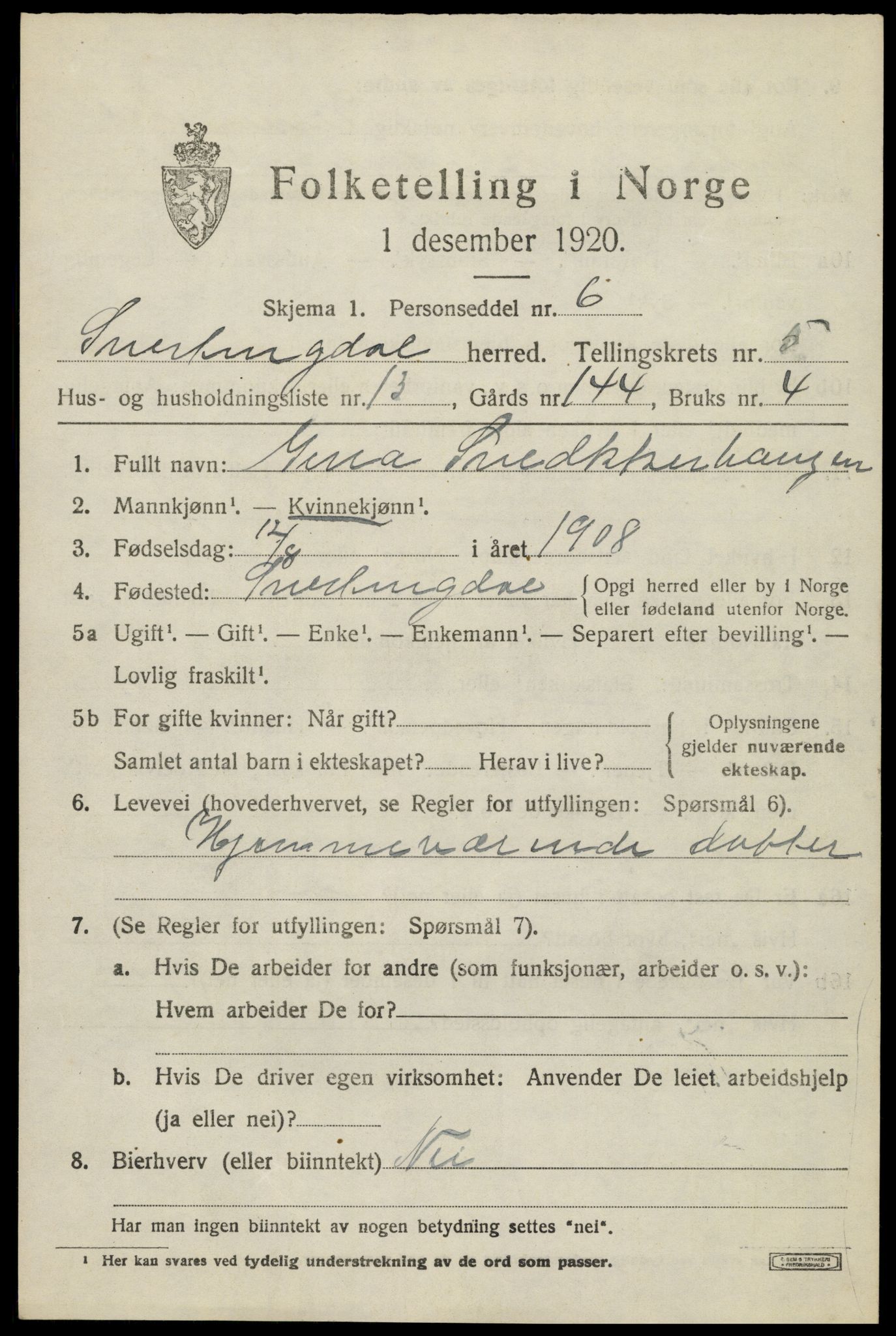 SAH, 1920 census for Snertingdal, 1920, p. 4481