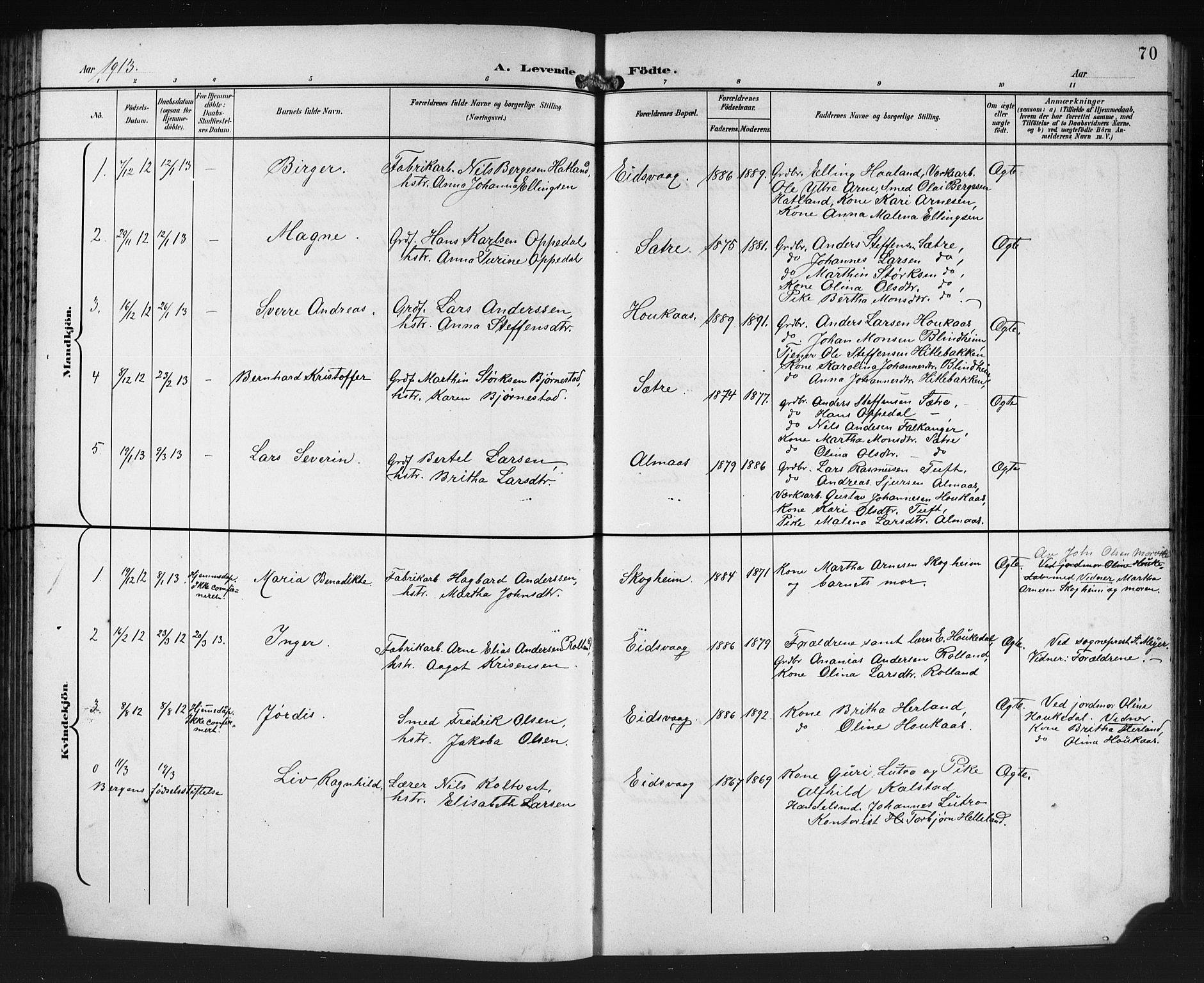 Åsane sokneprestembete, SAB/A-79401/H/Hab: Parish register (copy) no. A 3, 1899-1915, p. 70