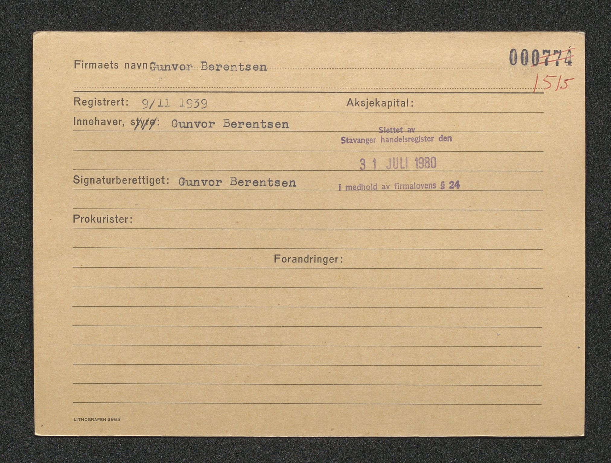 Stavanger byfogd, SAST/A-101408/001/4/42/422/4221A/L0001: Register over slettede firma A-C, 1891-1987, p. 205