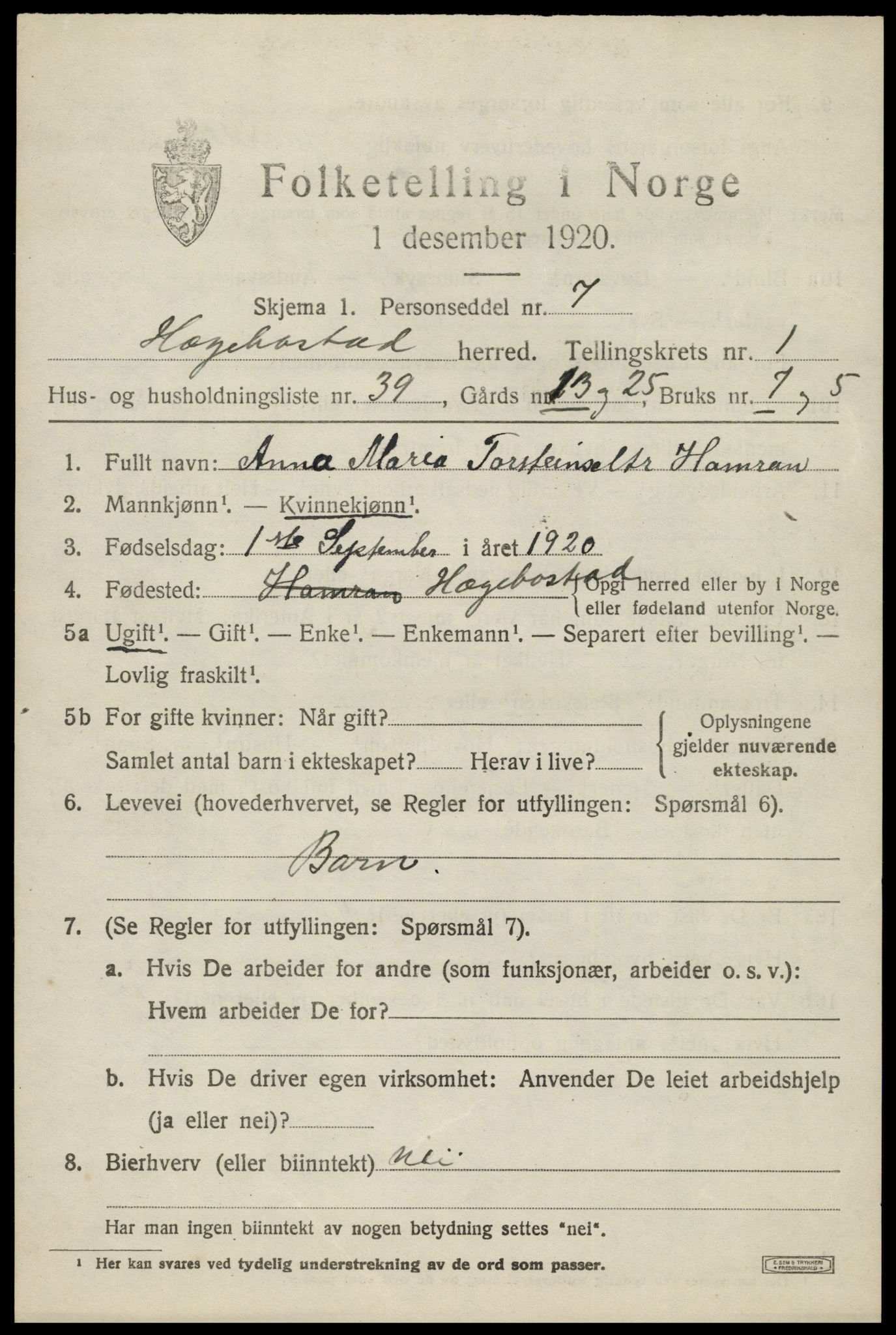 SAK, 1920 census for Hægebostad, 1920, p. 855