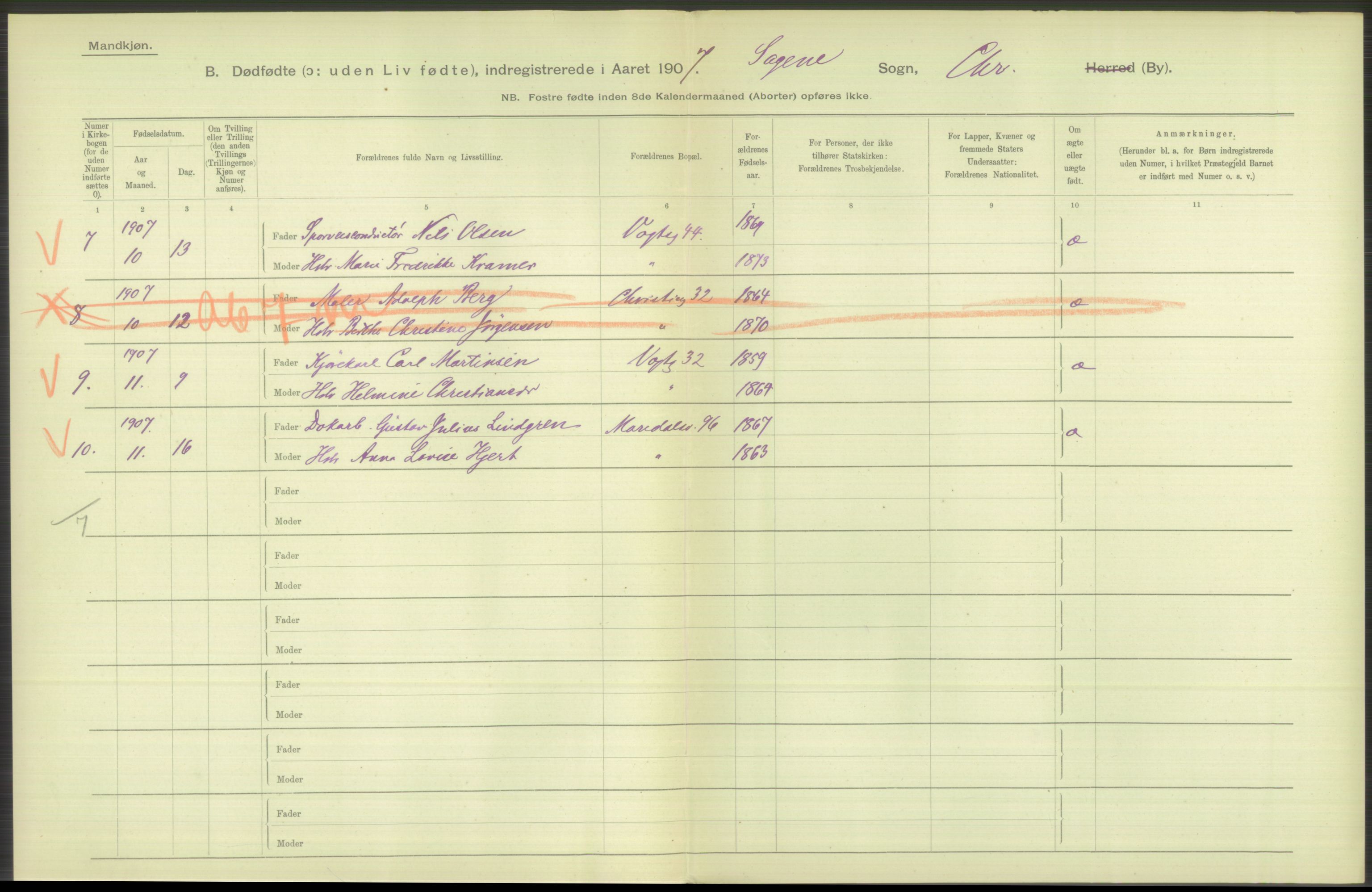 Statistisk sentralbyrå, Sosiodemografiske emner, Befolkning, RA/S-2228/D/Df/Dfa/Dfae/L0010: Kristiania: Døde, dødfødte, 1907, p. 66