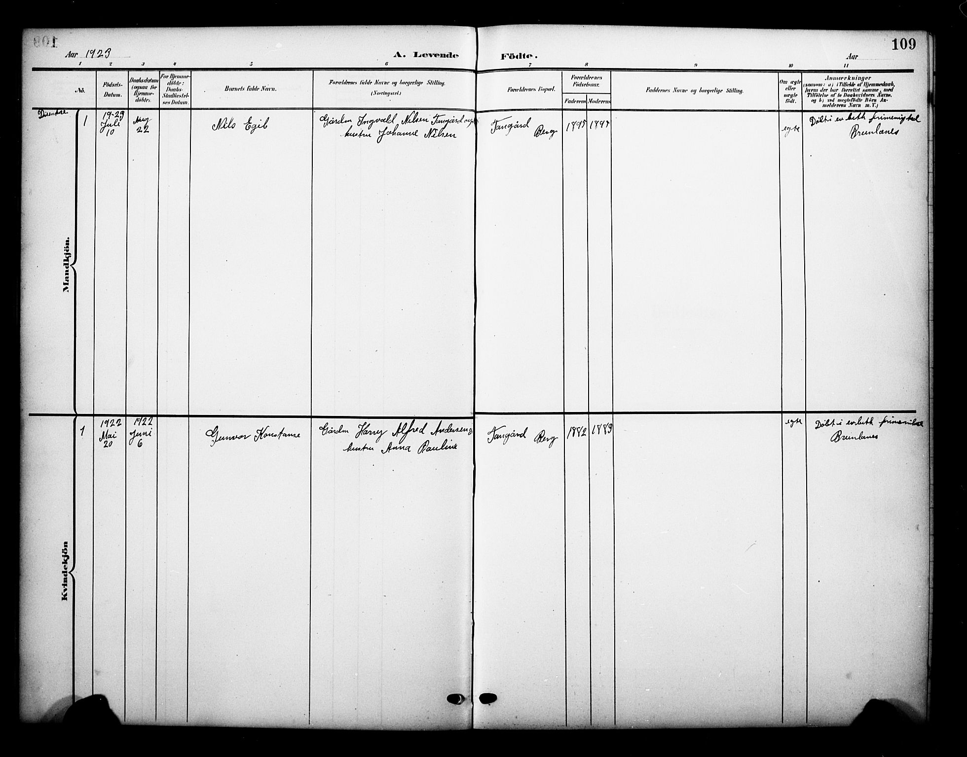 Brunlanes kirkebøker, AV/SAKO-A-342/G/Gb/L0003: Parish register (copy) no. II 3, 1903-1928, p. 109