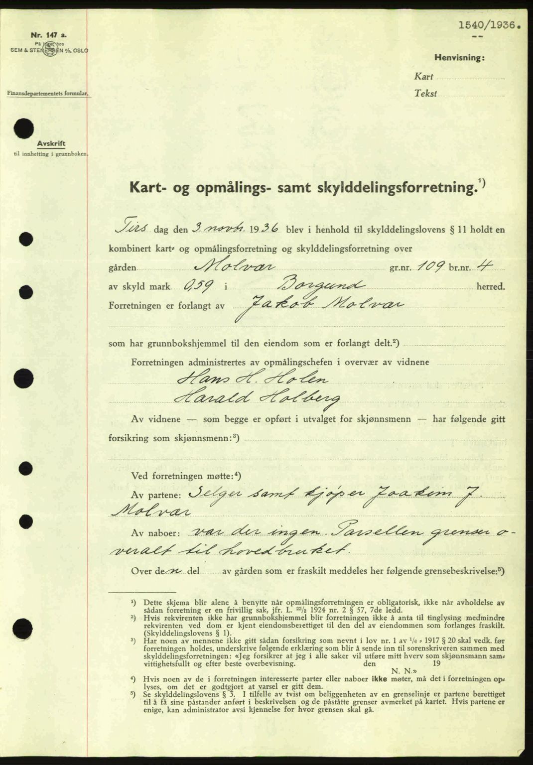 Nordre Sunnmøre sorenskriveri, AV/SAT-A-0006/1/2/2C/2Ca: Mortgage book no. A2, 1936-1937, Diary no: : 1540/1936