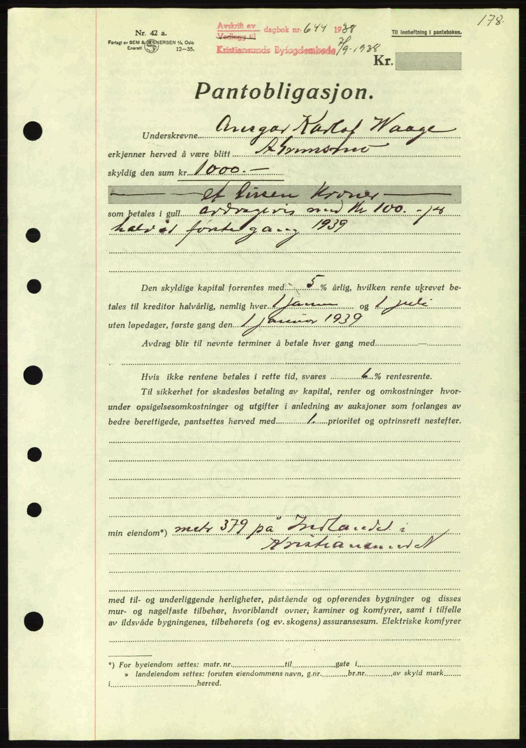 Kristiansund byfogd, AV/SAT-A-4587/A/27: Mortgage book no. 31, 1938-1939, Diary no: : 644/1938