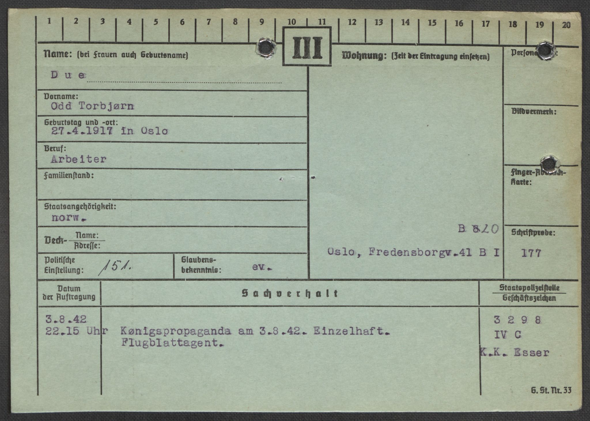 Befehlshaber der Sicherheitspolizei und des SD, AV/RA-RAFA-5969/E/Ea/Eaa/L0002: Register over norske fanger i Møllergata 19: Bj-Eng, 1940-1945, p. 1093