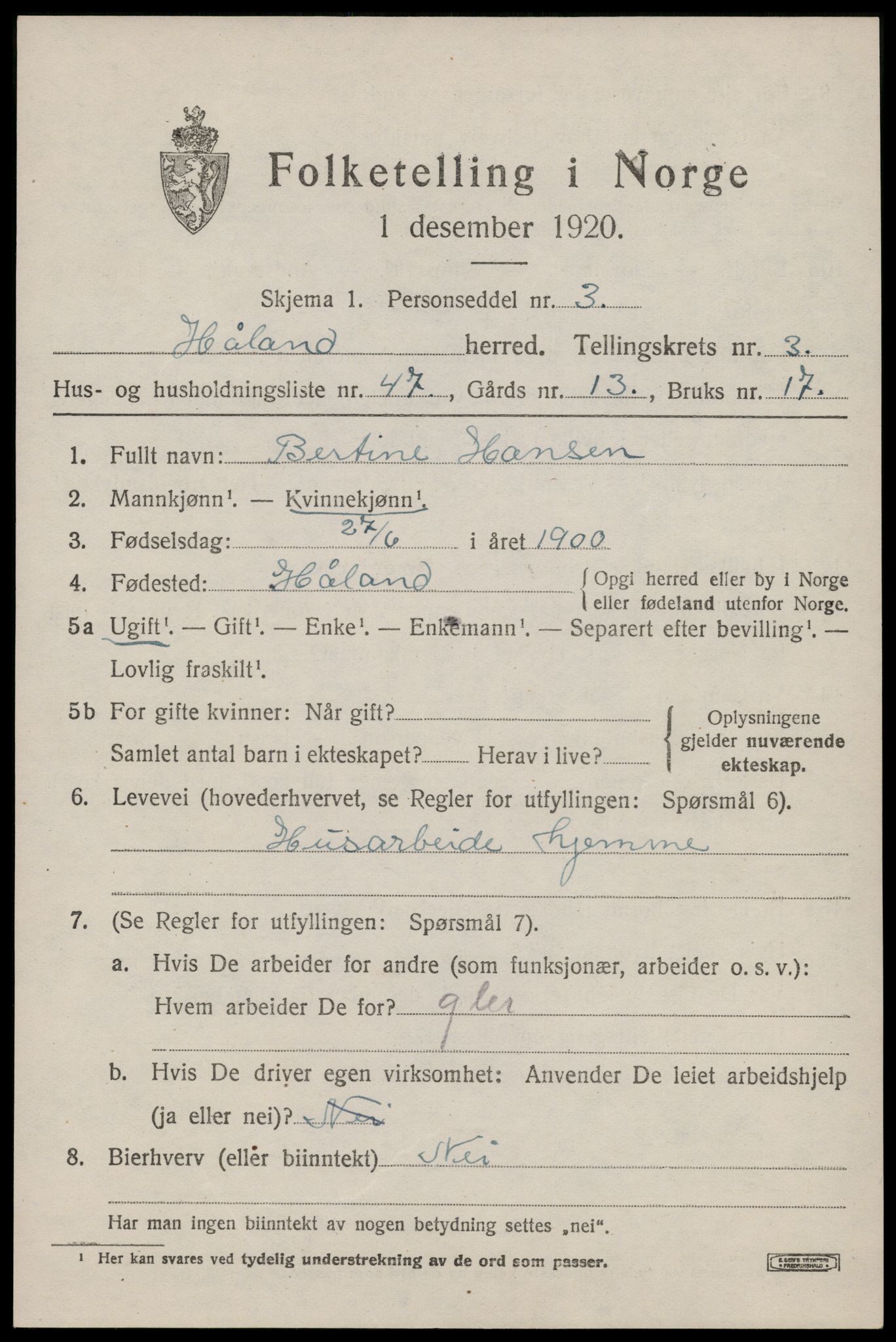 SAST, 1920 census for Håland, 1920, p. 3437