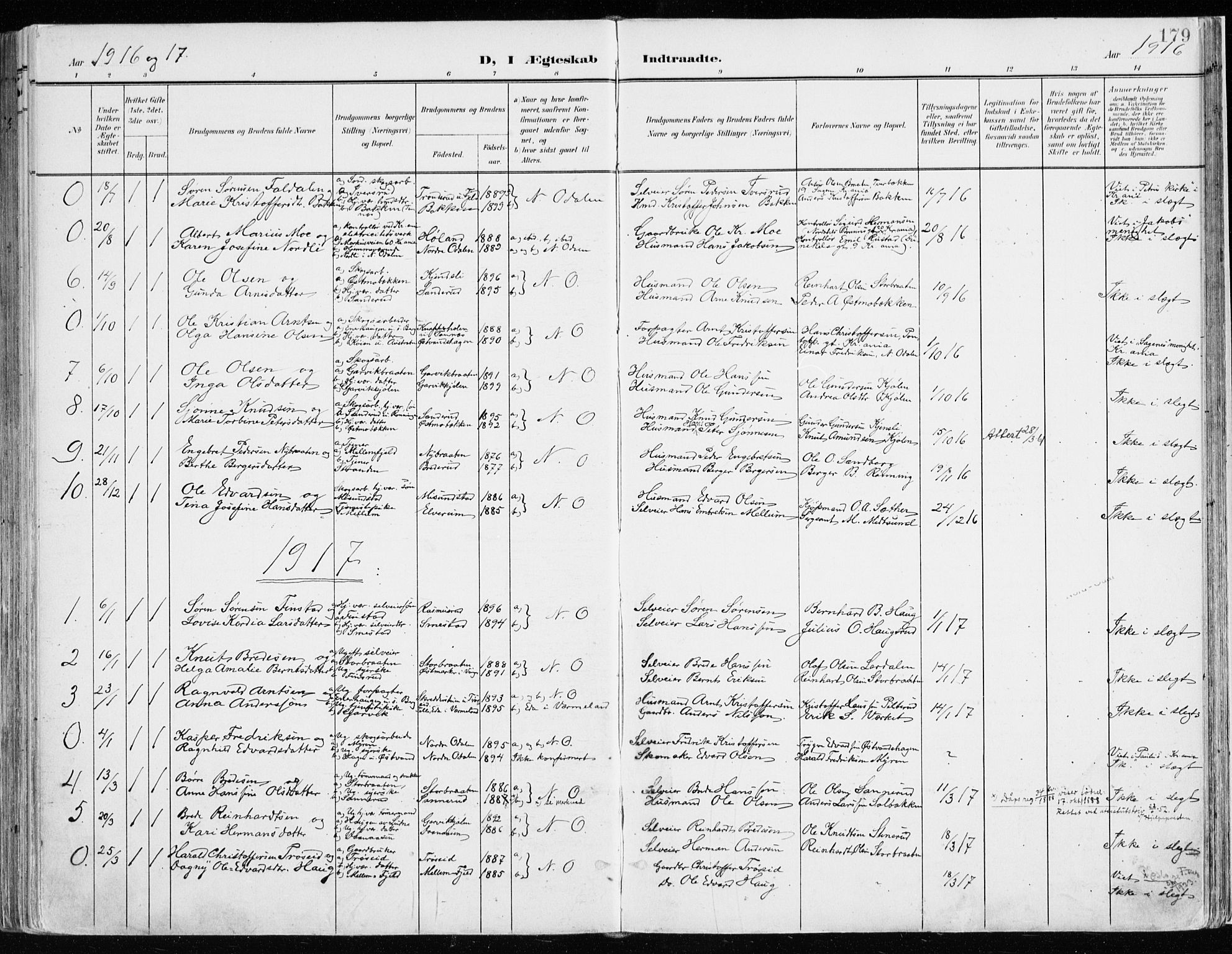 Nord-Odal prestekontor, SAH/PREST-032/H/Ha/Haa/L0009: Parish register (official) no. 9, 1902-1926, p. 179