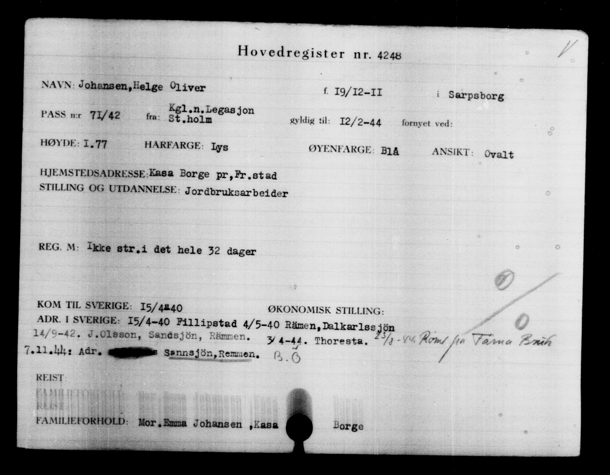Utenriksstasjonene, Legasjonen i Stockholm, Flyktningkontoret, AV/RA-S-6753/V/Va/L0004: Kjesäterkartoteket, flyktninger med registreringsnr. 3496-6610, 1940-1945, p. 910