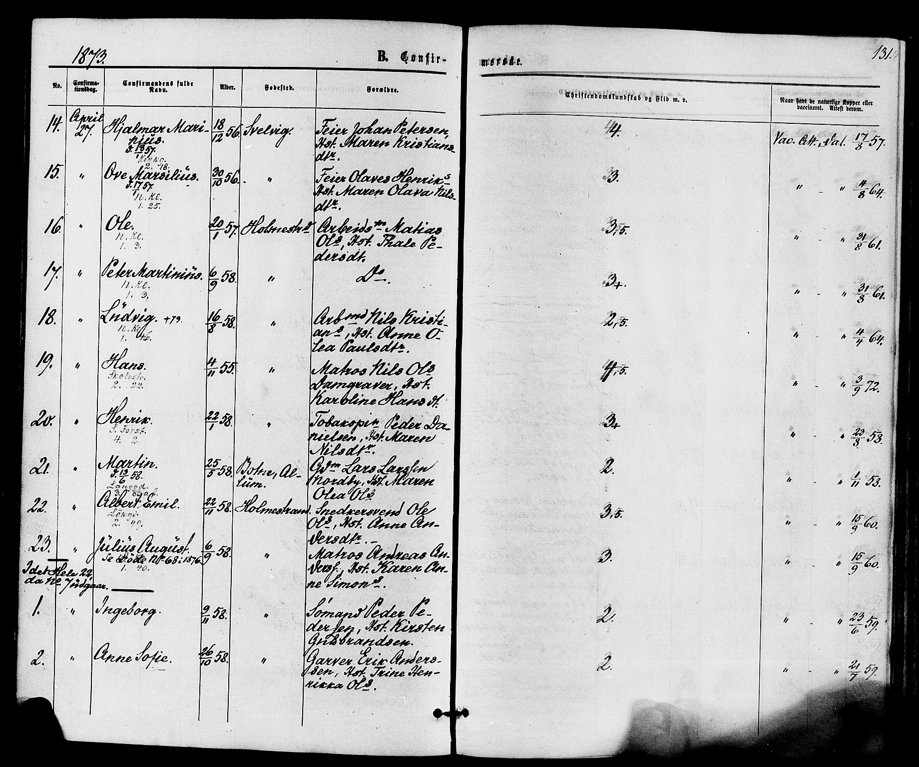 Holmestrand kirkebøker, SAKO/A-346/F/Fa/L0003: Parish register (official) no. 3, 1867-1879, p. 131