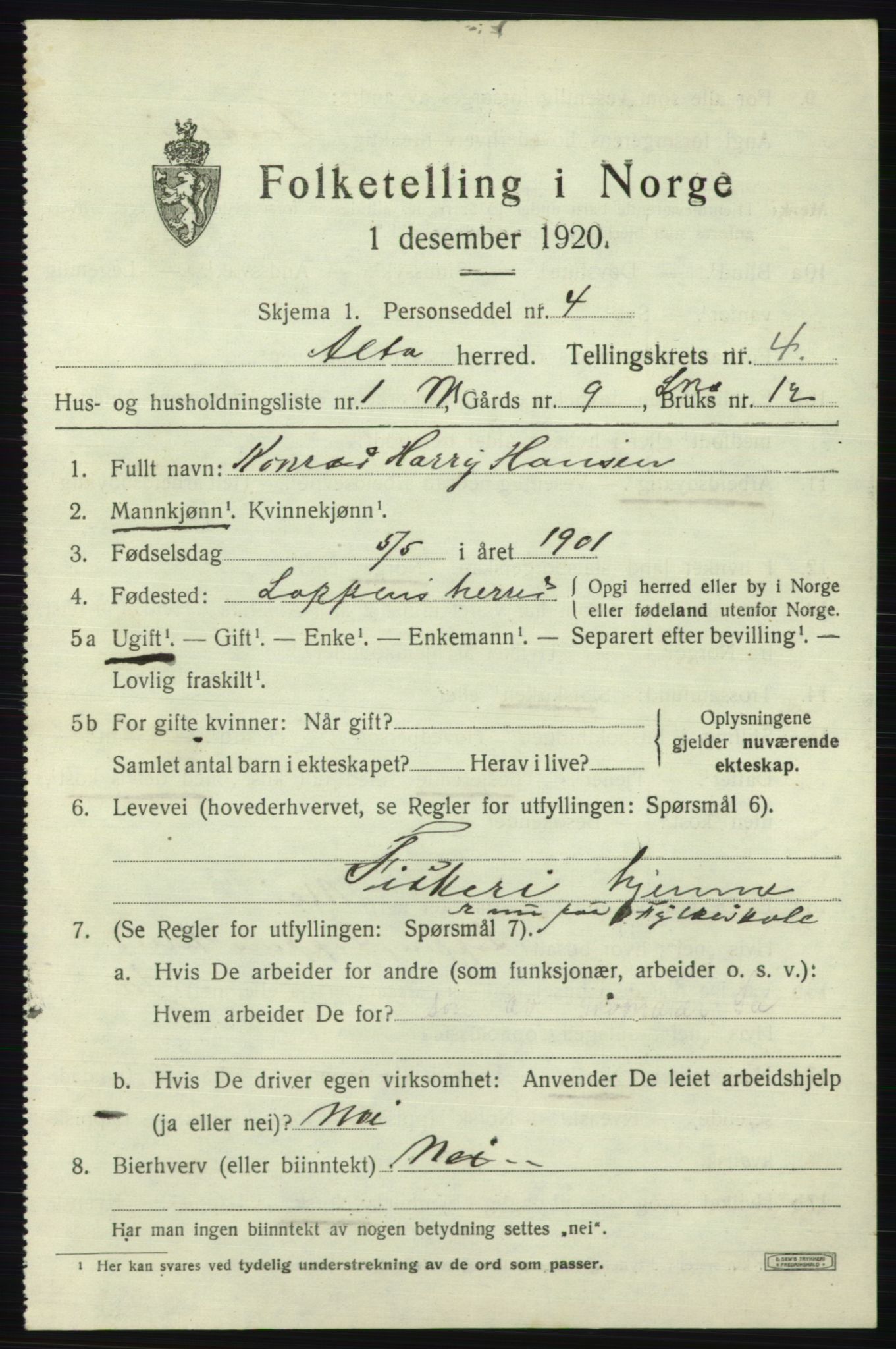 SATØ, 1920 census for Alta, 1920, p. 2603