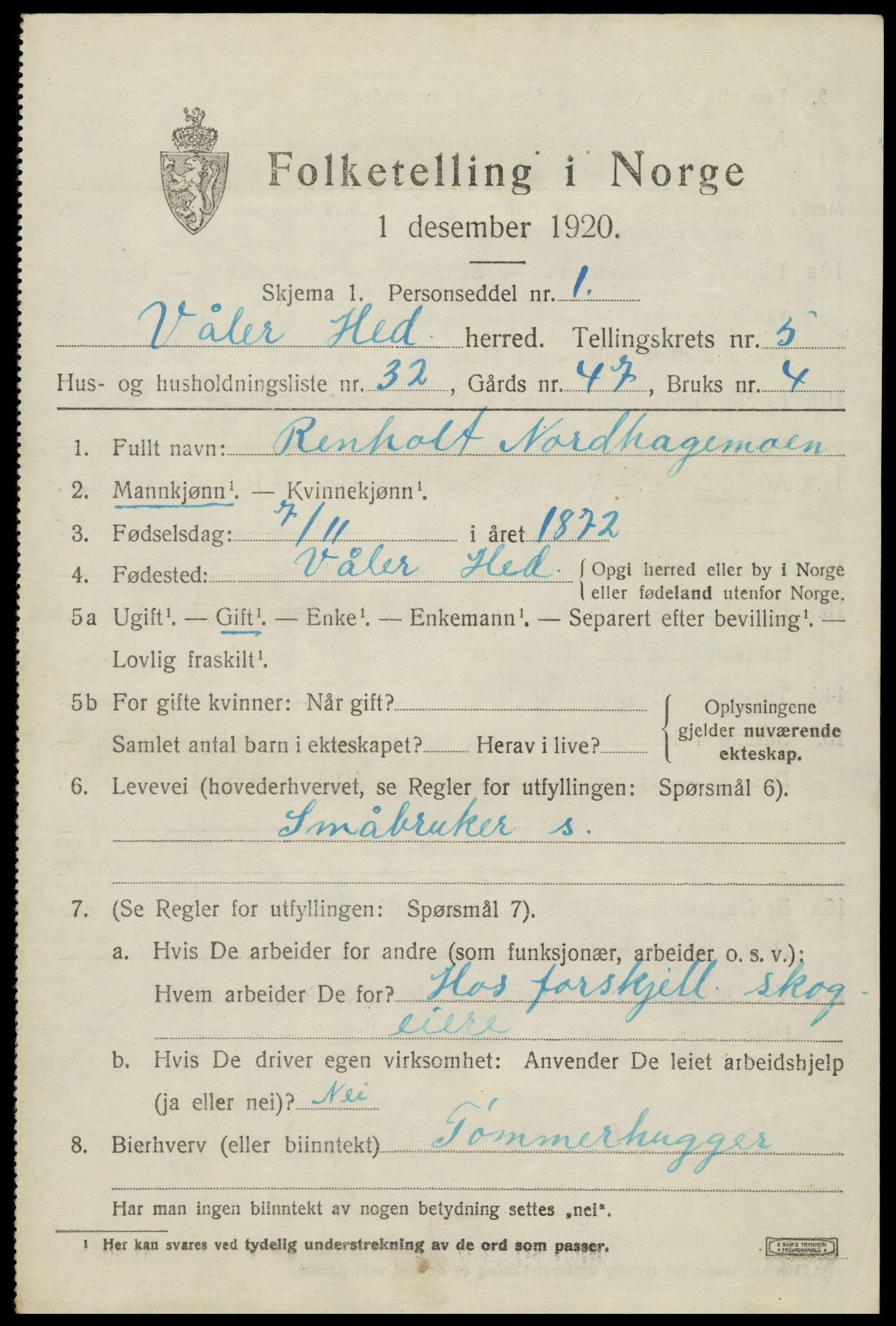 SAH, 1920 census for Våler (Hedmark), 1920, p. 5907