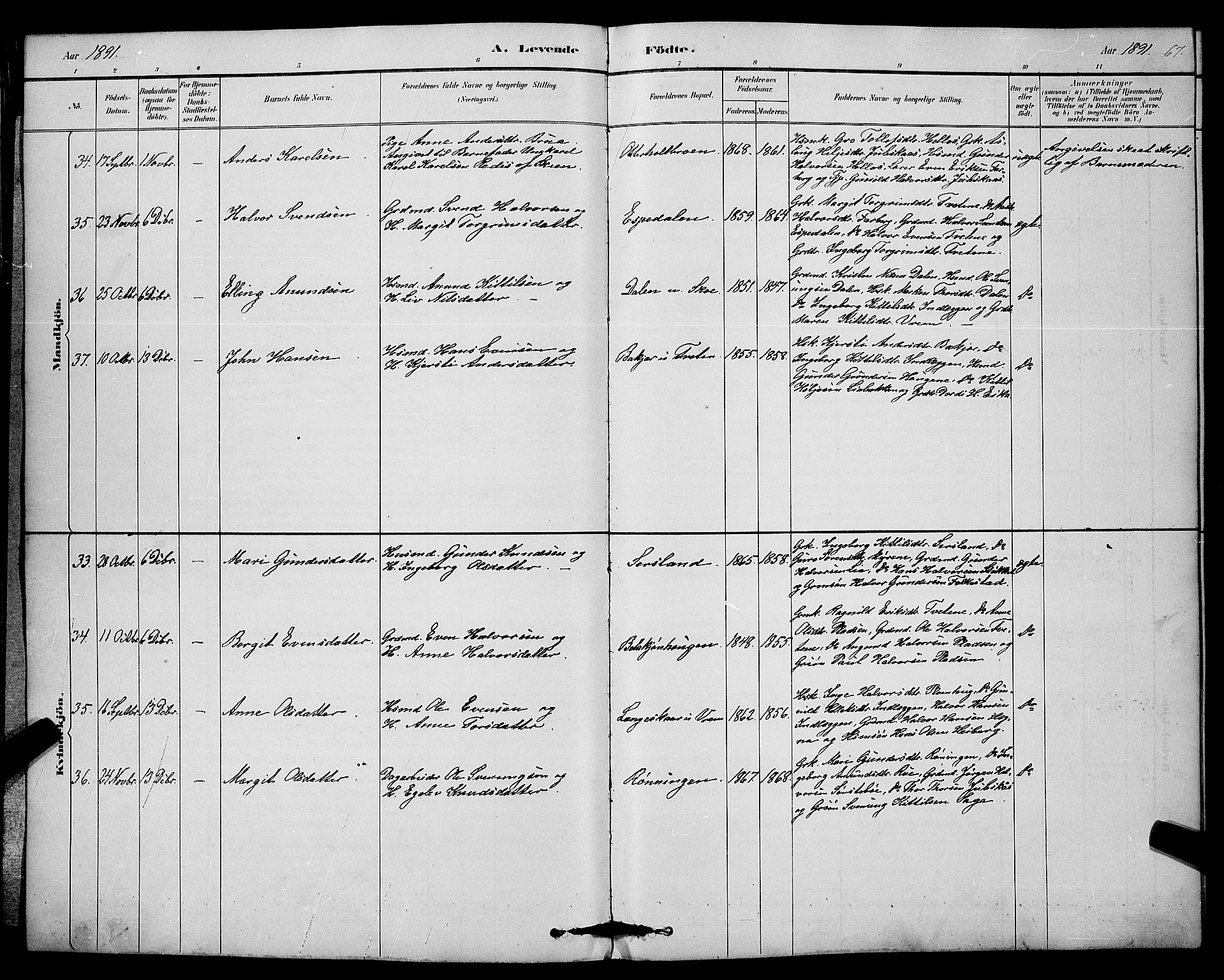 Bø kirkebøker, SAKO/A-257/G/Ga/L0005: Parish register (copy) no. 5, 1883-1897, p. 67