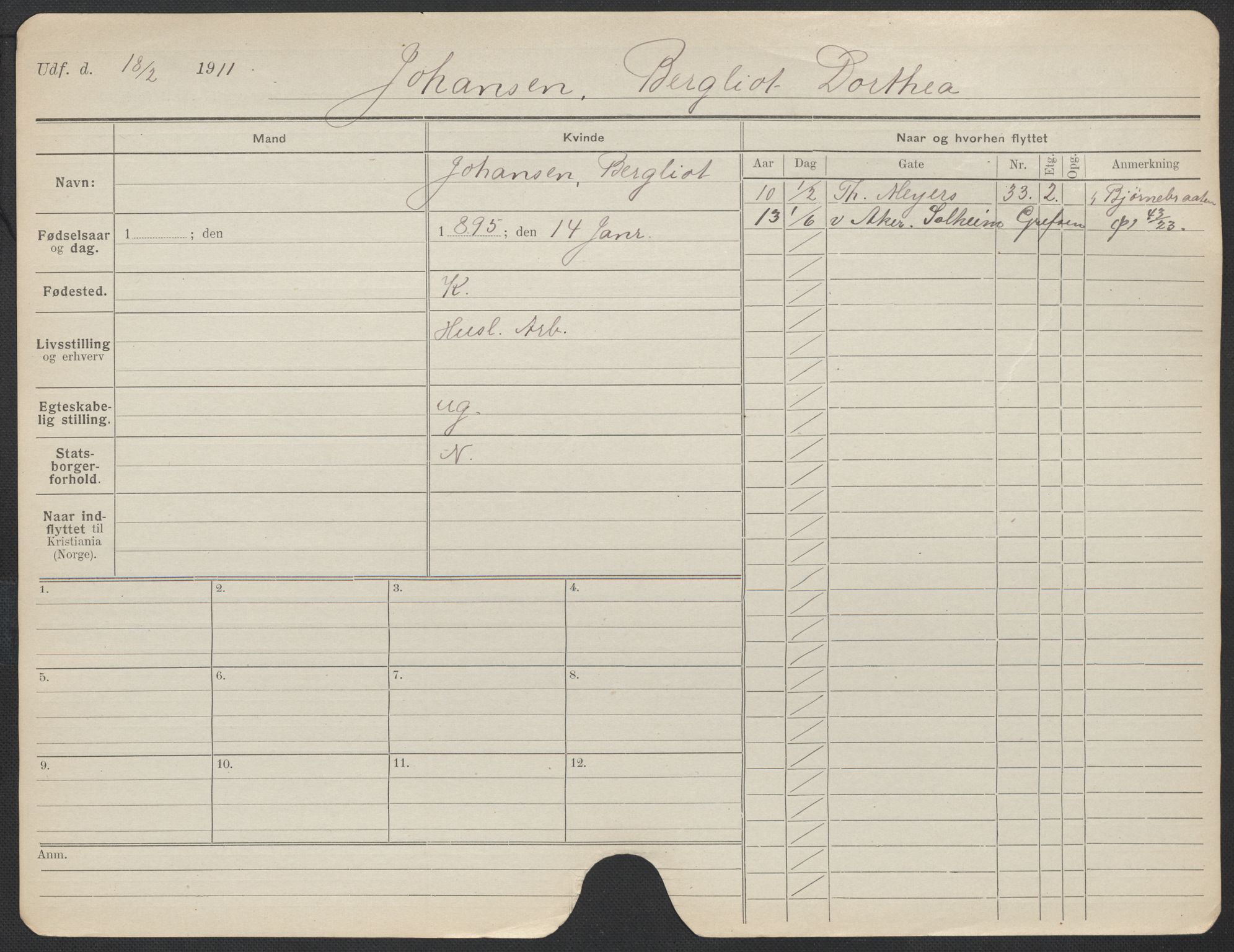 Oslo folkeregister, Registerkort, AV/SAO-A-11715/F/Fa/Fac/L0017: Kvinner, 1906-1914, p. 678a