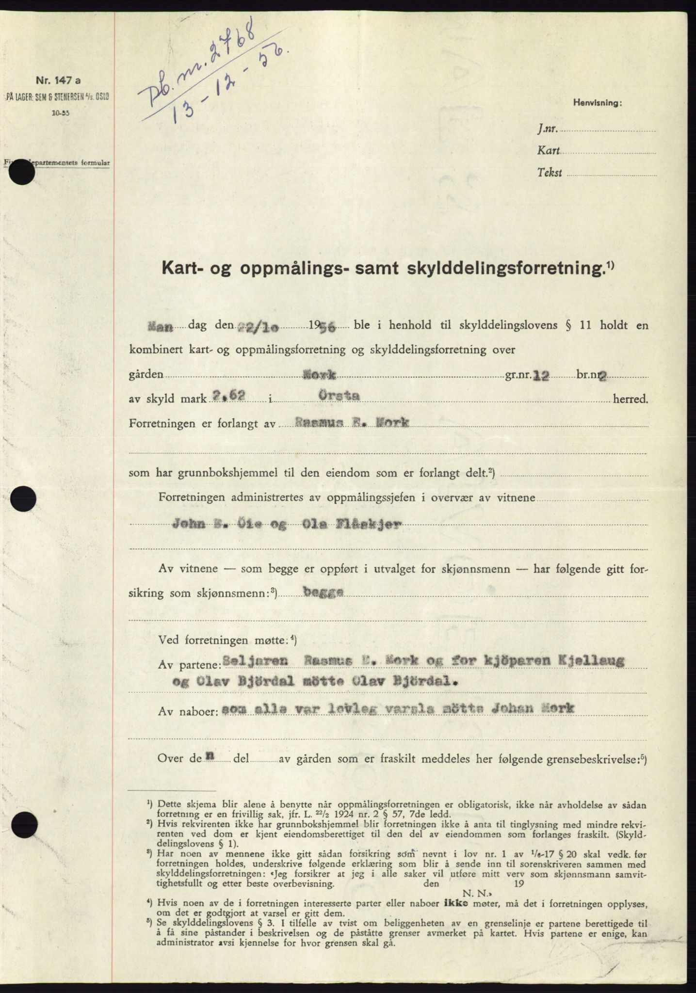 Søre Sunnmøre sorenskriveri, AV/SAT-A-4122/1/2/2C/L0105: Mortgage book no. 31A, 1956-1957, Diary no: : 2768/1956