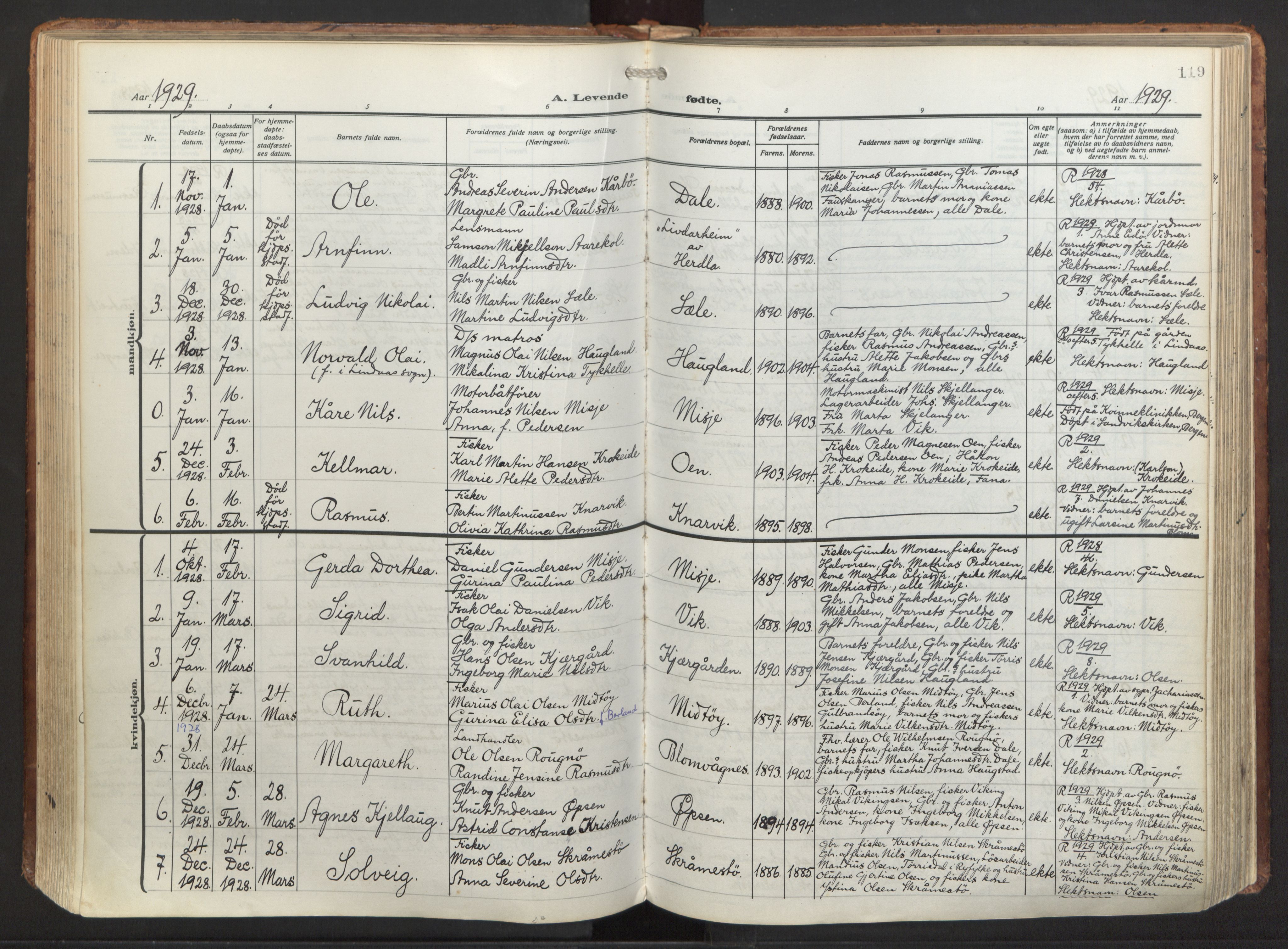 Herdla Sokneprestembete, AV/SAB-A-75701/H/Haa: Parish register (official) no. A 6, 1918-1933, p. 119